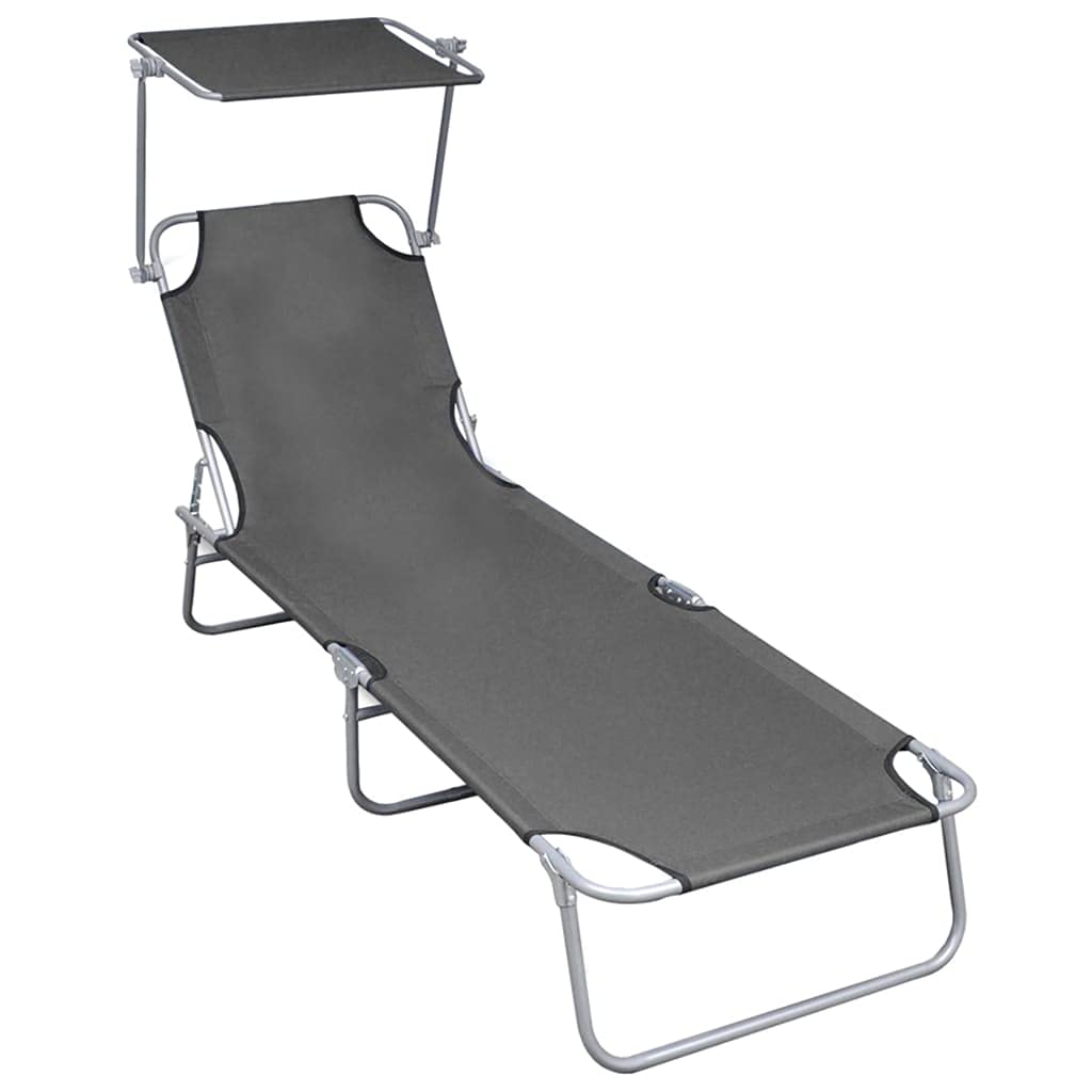 Premium Adjustable Folding Lounge Chair with Canopy - Heavy Duty 120kg Capacity Aluminum Frame - Perfect for Beach, Poolside, Patio & Outdoor Relaxation (Grey)