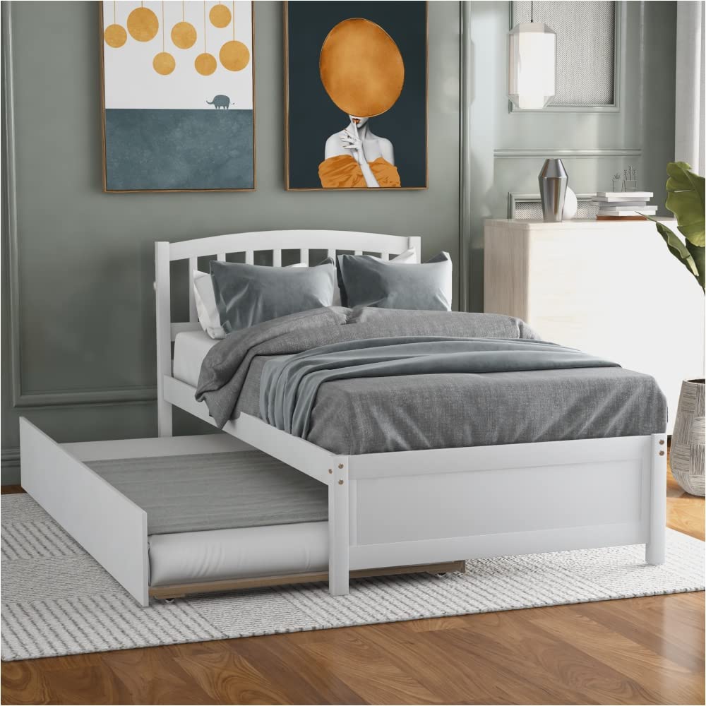 HuaZo Twin Size Wood Platform Bed Frame with Trundle - White Modern Minimalist Bedroom Furniture for Small Spaces & Guest Rooms