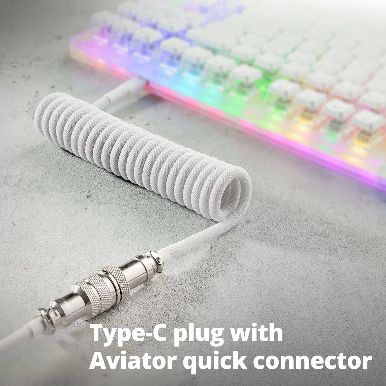 Premium Custom Coiled USB C Cable for Gaming Keyboards - Double-Sleeved Mechanical Keyboard Cable with Detachable Metal Aviator Connector (1.5M USB-C to USB-A, White) - Perfect for Esports, Streaming & Professional Gaming Setups