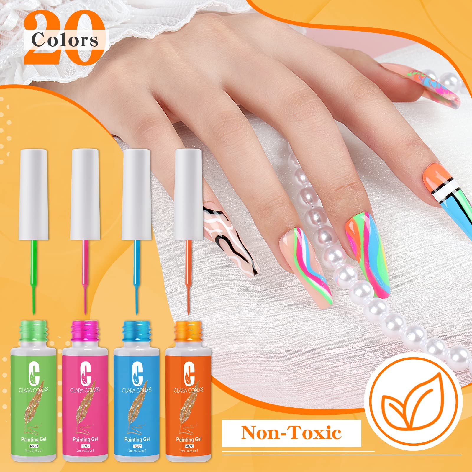 Clara Colors 20-Piece Gel Nail Polish Set with Built-in Brush - UV LED Soak Off Nail Art Kit for French Tips & Swirl Designs | Perfect for Salon, Home Manicures & DIY Nail Art