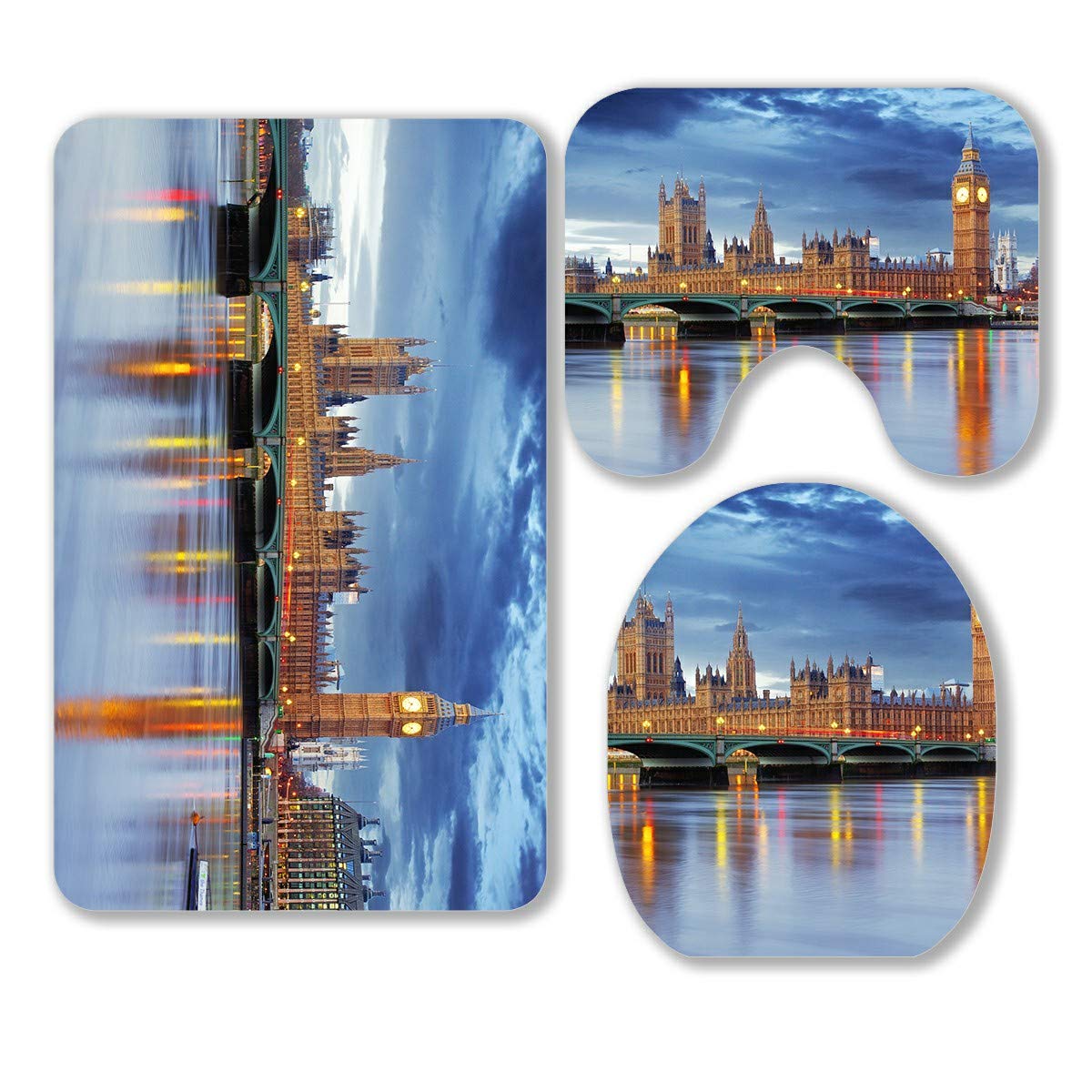 ECZJNT London Big Ben & Houses of Parliament UK 3-Piece Bathroom Rug Set - Non-Slip Bath Mat, Contour Mat & Toilet Lid Cover - British Themed Home Decor for Bathroom Safety & Style - Perfect for UK-Themed Bathrooms, Guest Bathrooms & British Heritage Decor - Great for Royal Wedding Parties, London-Inspired Interior Design & UK Travel Gifts - Ideal for British-Themed Homes, Hotels, Weddings & Tea Parties - Enhance Your Bathroom with Classic British Charm for Special Events & Decor Enthusiasts