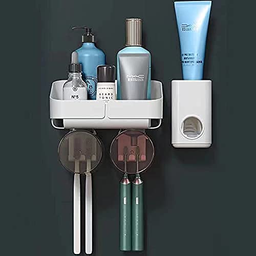 Wall Mounted Toothbrush Holder & Toothpaste Dispenser - Large Capacity Bathroom Organizer for Electric & Manual Toothbrushes (2 Cups Included) - Perfect for Small Bathrooms, RVs & Dorm Rooms