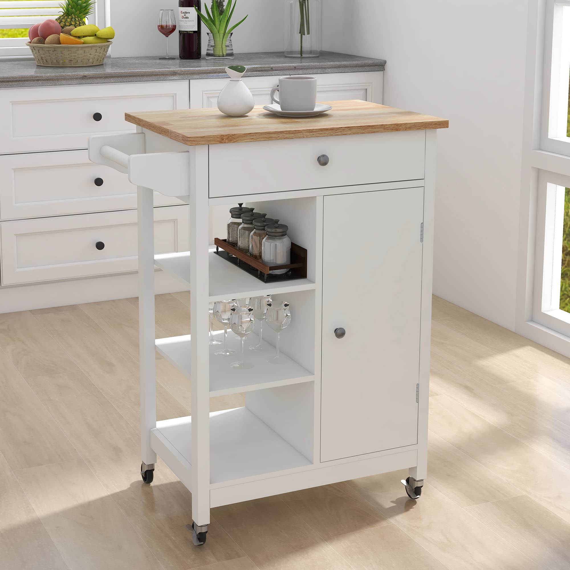Mobile Kitchen Island Cart with Solid Wood Top - White Rolling Storage Cabinet with Single Door, Drawer & 2 Open Shelves, Towel Rack - 25.98