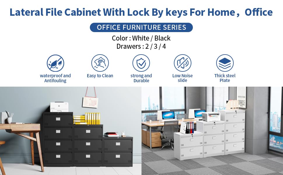 Locking Lateral File Cabinet - Metal Steel Office File Drawer with Key Lock for Legal/Letter/A4/F4 Documents | Secure Storage for Home & Office Organization