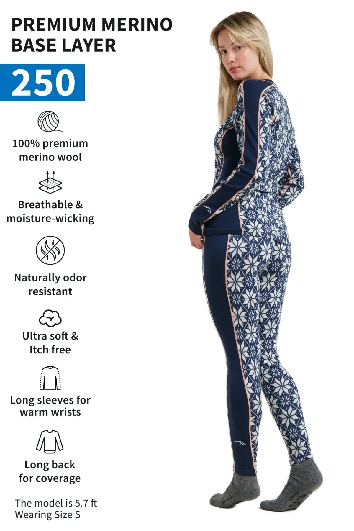Women's Merino Wool Thermal Underwear Set 250g - Snowflake Navy Pattern - Base Layer for Winter, Skiing & Outdoor Activities