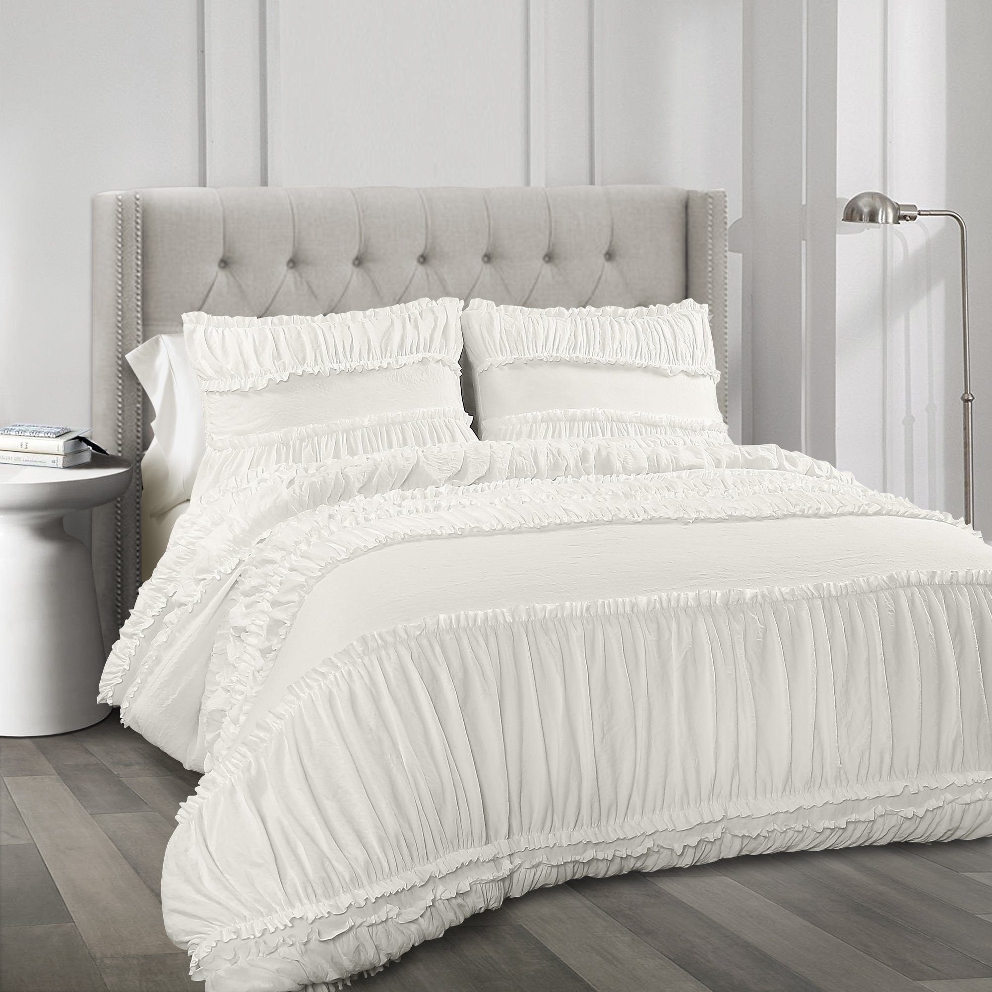 Lush Decor Nova Comforter Set - 3 Piece Ruffled Shabby Chic Farmhouse Bedding with Ruched Details, Full/Queen Size, White - Perfect for Master Bedroom, Guest Room & Cozy Farmhouse Decor