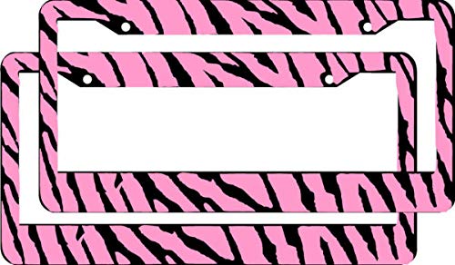 2 Pack Black Pink Zebra Stripes License Plate Frames - Durable Metal TAG Holders for Car License Plates - Perfect for Customizing Vehicles, Car Shows & Gift Giving