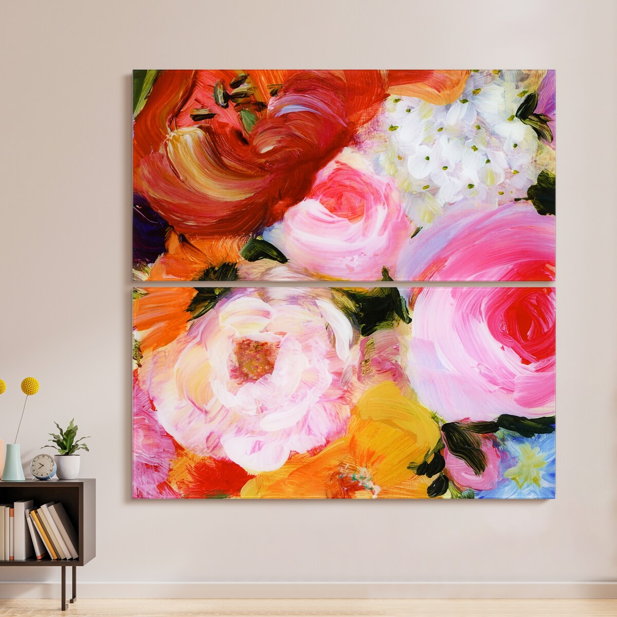 Blossoms in Rouge & Blush Oversized 72x36 Frameless Floating Reverse Printed Tempered Glass Art Panels Set - Perfect for Living Room, Bedroom, and Office Wall Decor