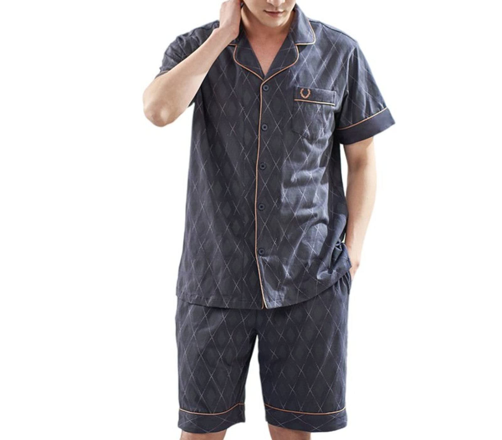 Men's Cotton Short Sleeve Pajama Set with Pockets - Breathable Button Down Lounge Wear for Summer & Home Relaxation - Perfect for Sleeping, Lounging and Vacation Comfort