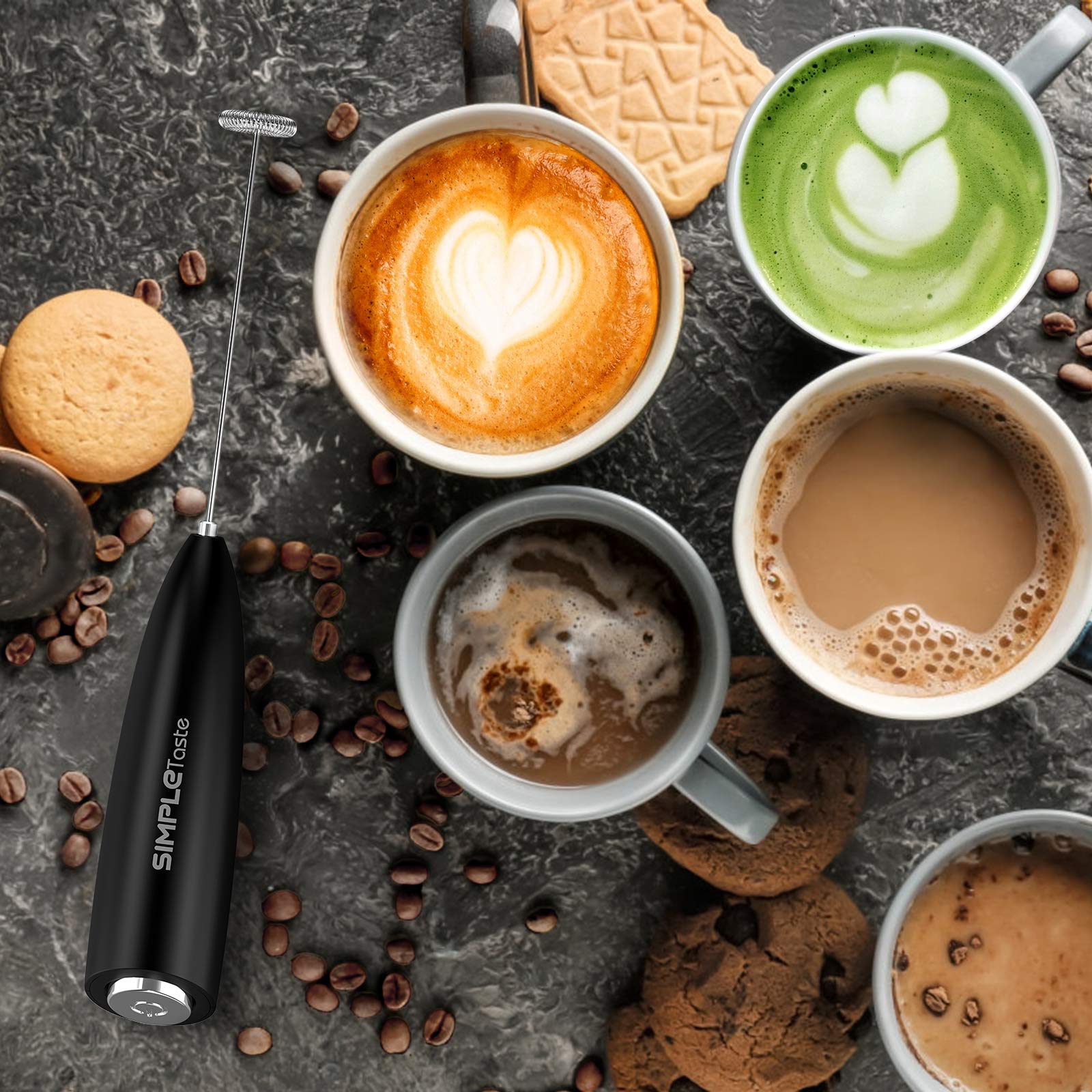 SIMPLETASTE Handheld Electric Milk Frother with Stainless Steel Whisk - Battery Powered Drink Mixer for Cappuccino, Latte, Coffee & Hot Chocolate - Perfect for Home, Office & Coffee Shops