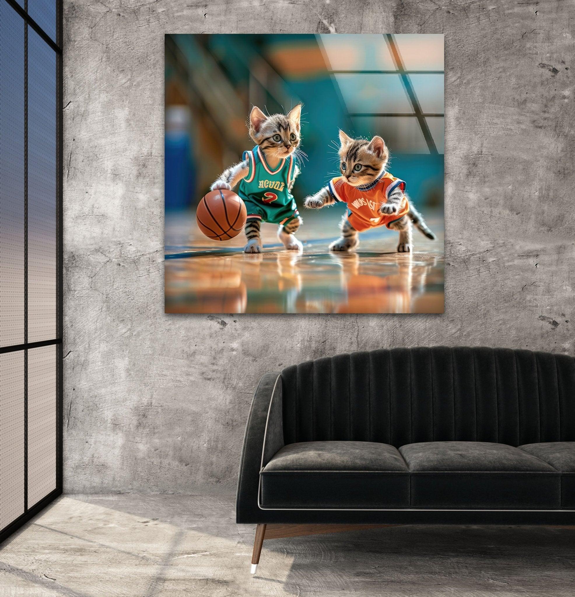 Basketball Player Cats Glass Wall Art - Unique Sports Decor for Cat Lovers - Perfect for Living Room, Bedroom, or Game Room Decorations
