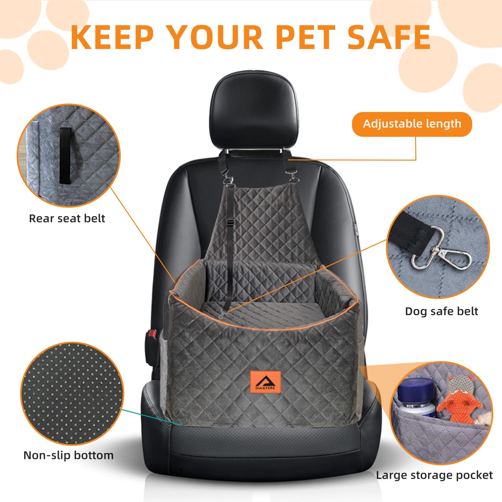 **Memory Foam Dog Car Seat for Small & Medium Dogs (Up to 35lbs) - Quick Rebound Booster Pet Travel Bed with Washable Cover, Storage Pocket & Seat Belt - Gray - Perfect for Road Trips & Daily Commutes**