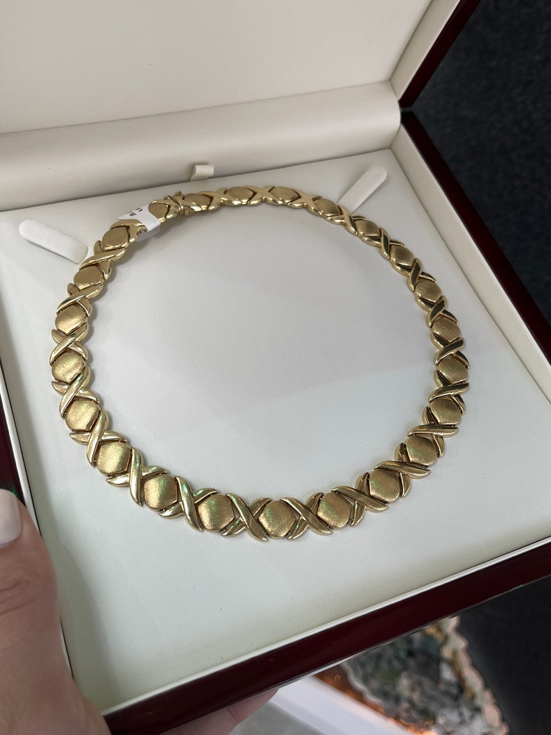 14K Solid Yellow Gold XOXO Statement Necklace - 13.35MM Irregular Chain Pattern for Women, Gift for Her, Valentine's Day, Anniversary, Birthday, Party Wear