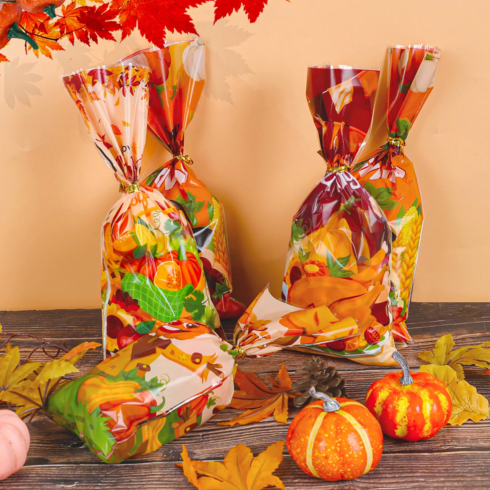 180 Pcs Thanksgiving Treat Bags - Fall Themed Cellophane Candy Bags with Maple Leaves, Turkey & Pumpkin Designs - Perfect for Thanksgiving Party Favors, Classroom Treats & Holiday Gift Giving