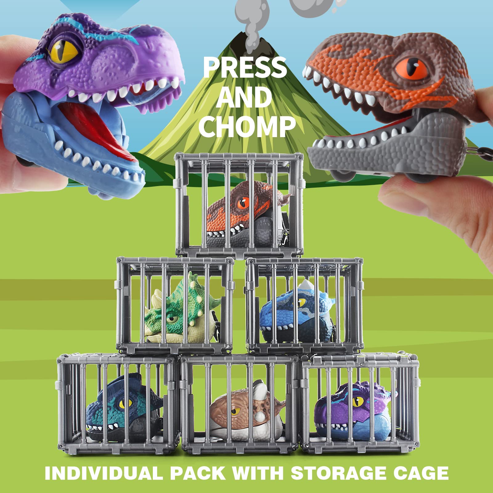 DINOBROS 6 Pack Dinosaur Pull Back Car Toys - Finger Biting Dino Chomper, Snap On Backpack Keychain Grabber Gadgets for Kids Ages 3-7 - Fun Jurassic Dinosaur Toys for Birthday Gifts, Party Favors & Classroom Rewards