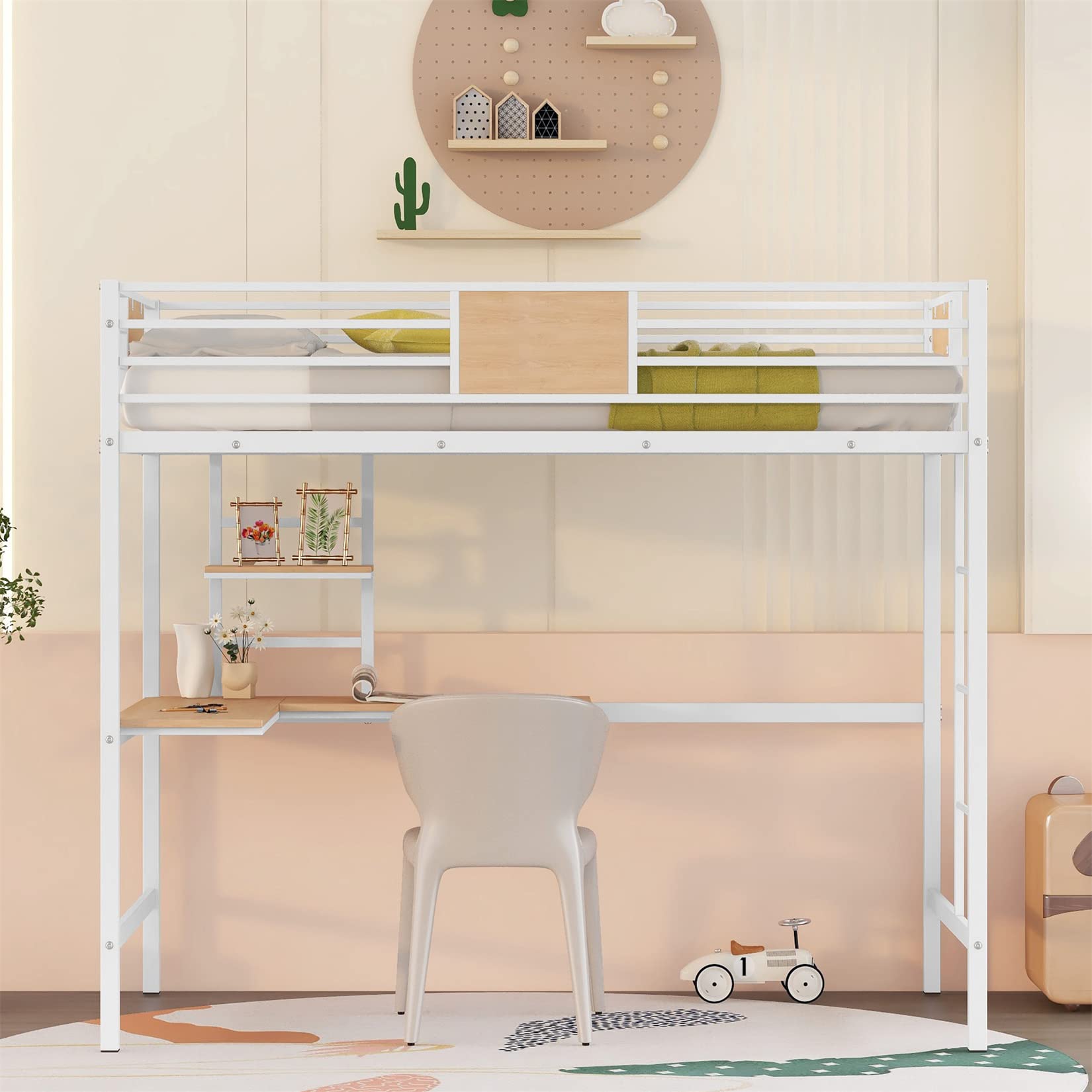 **White Twin Loft Bed with Desk & Bookcase - Metal Frame Kids Bunk Bed with Ladder & Safety Guard Rail - Perfect for Small Bedrooms, Dorms, or Shared Kids' Rooms**