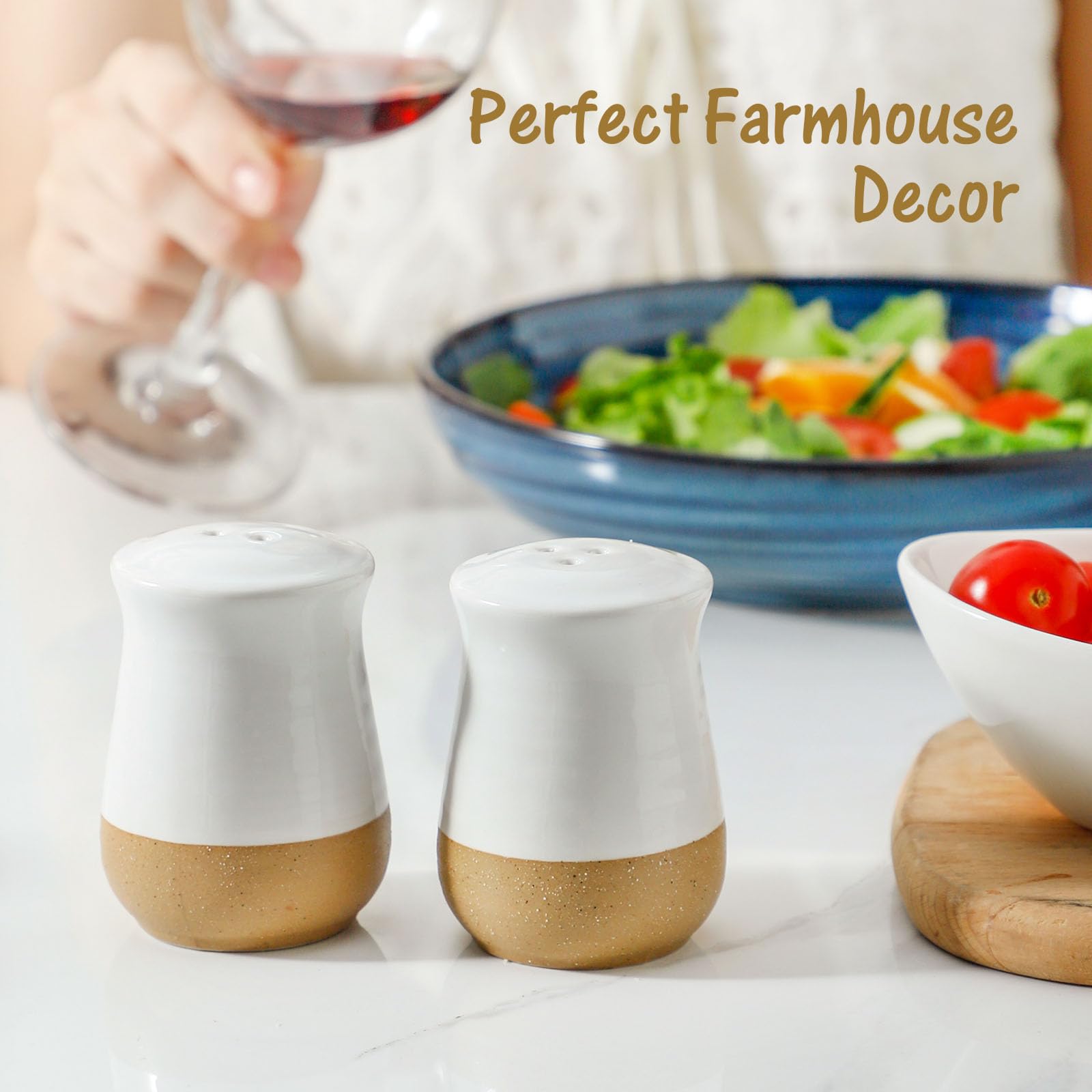 Premium Ceramic Salt and Pepper Shakers Set - Farmhouse Style White Kitchen Spice Shakers with Refillable Lids - Perfect for Dining Table, Kitchen Counter, and Farmhouse Home Decor