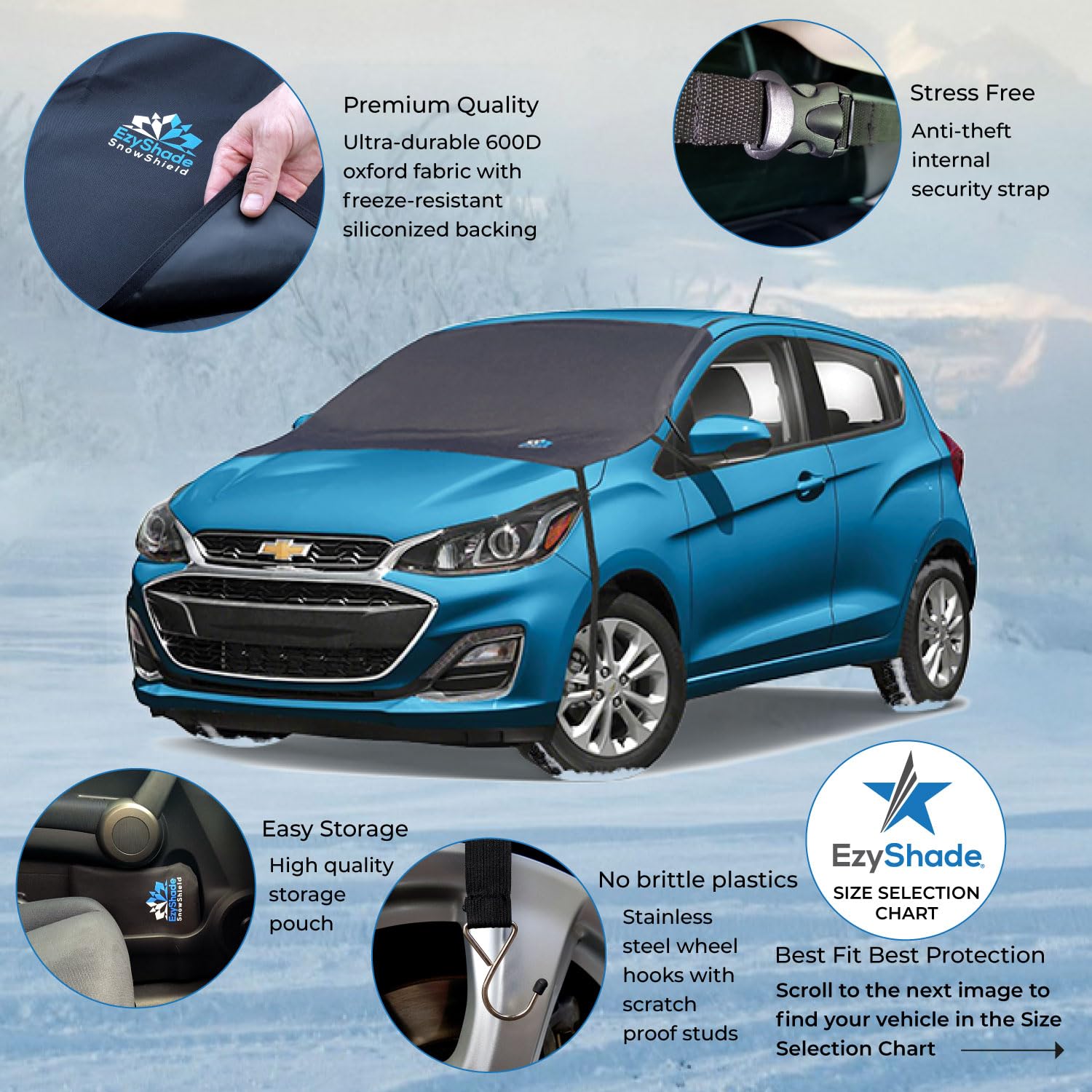 EzyShade Car Windshield Cover for Ice and Snow Protection - Universal Fit for SUV, Truck & Sedan - Frost Shield Winter Car Accessories with Size Chart (Sports S) - Perfect for Snowy Weather & Overnight Parking