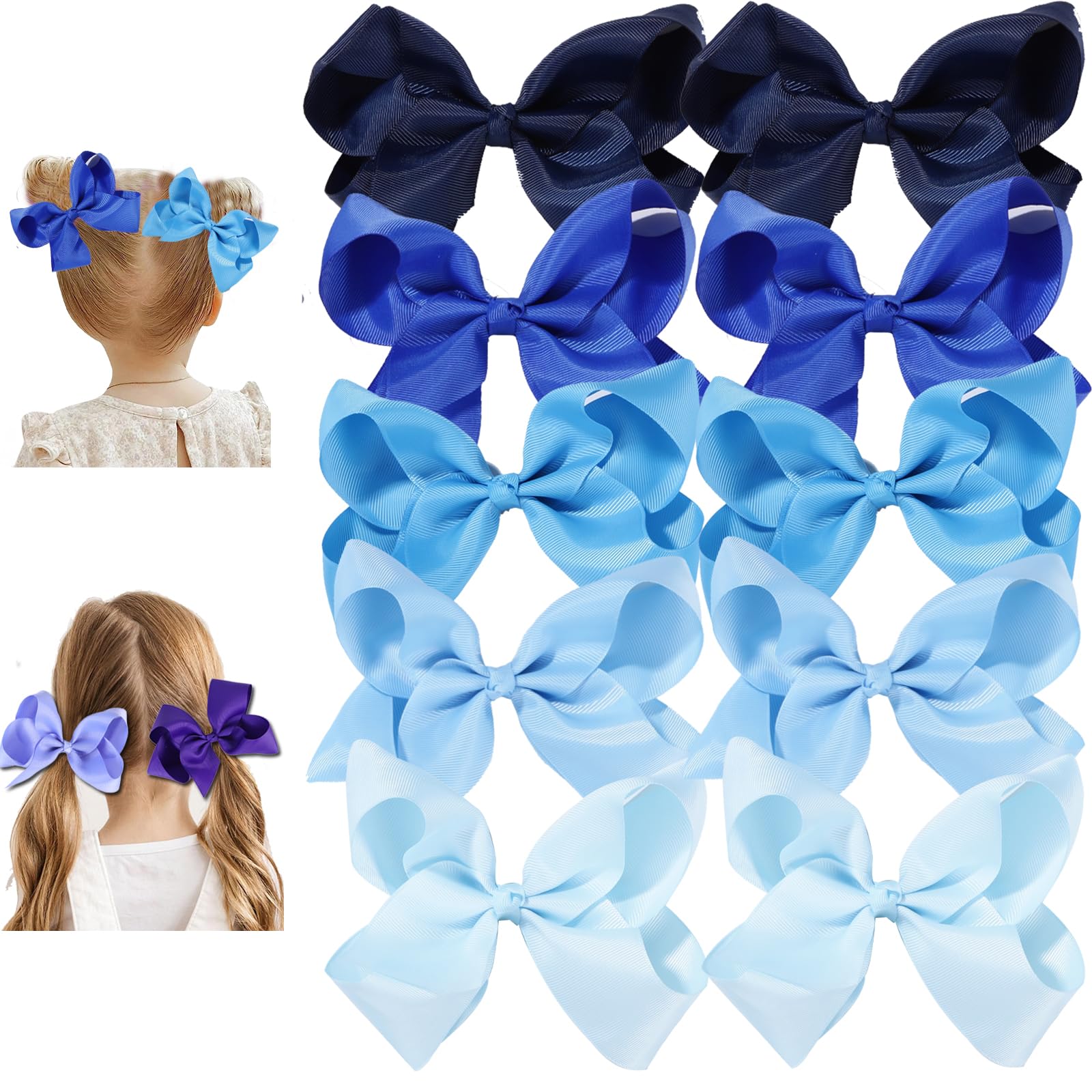 10PCS Girls Hair Bows Clips - Black Grosgrain Ribbon Alligator Clips for Toddlers & Kids (Blue, 6 Inch) - Perfect for Parties, School, and Daily Hair Accessories