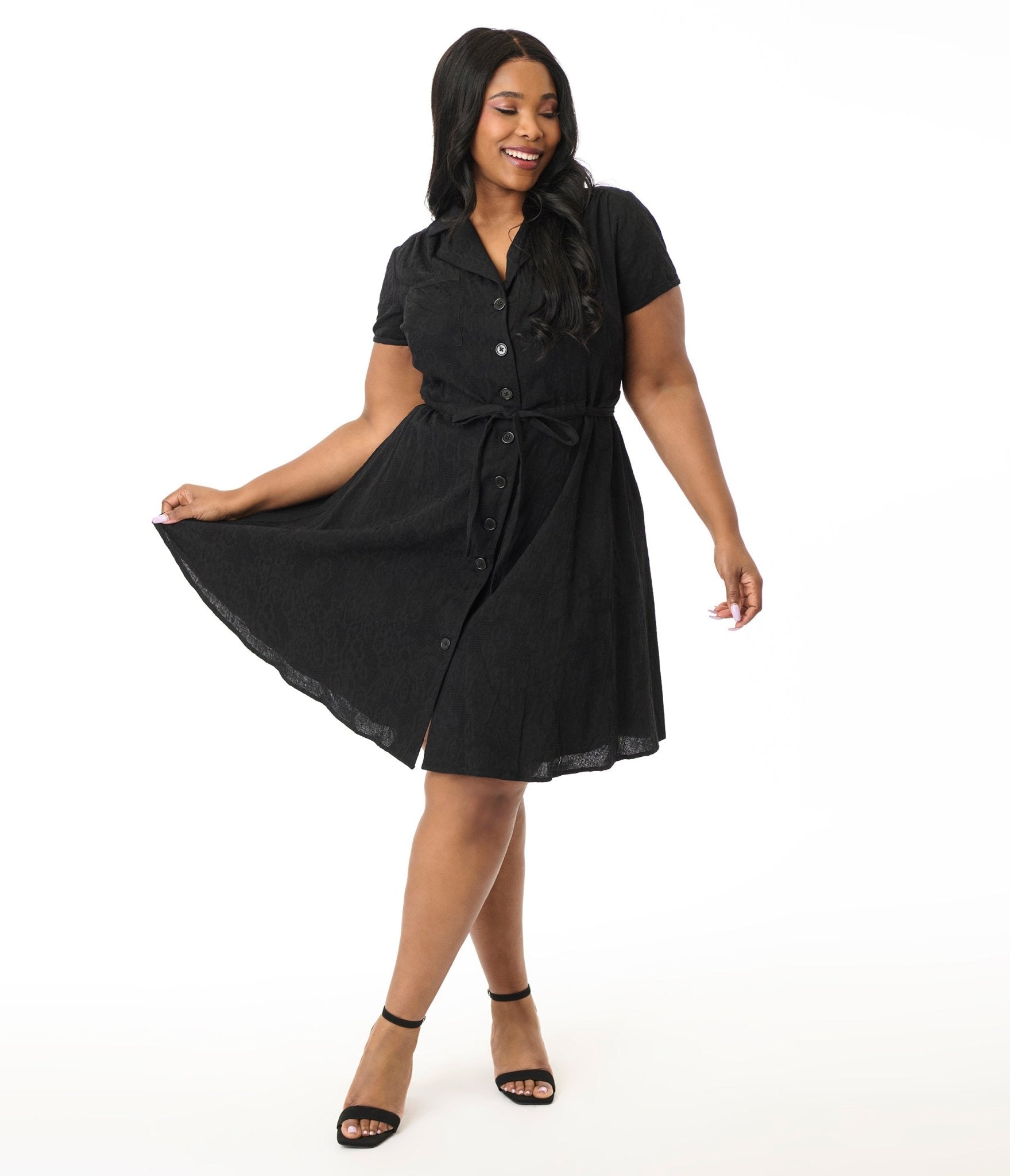 Smak Parlour Plus Size Black Textured Cotton Fit & Flare Dress for Women | Elegant A-Line Midi Dress for Work, Party & Special Occasions