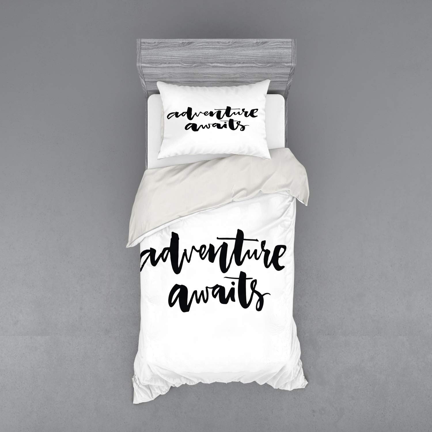 Ambesonne Adventure Bedding Set - Inspirational Travel Themed 3-Piece Duvet Cover with Sham & Fitted Sheet, Twin Size Black & White - Perfect for Wanderlust Bedrooms & Adventure-Themed Decor