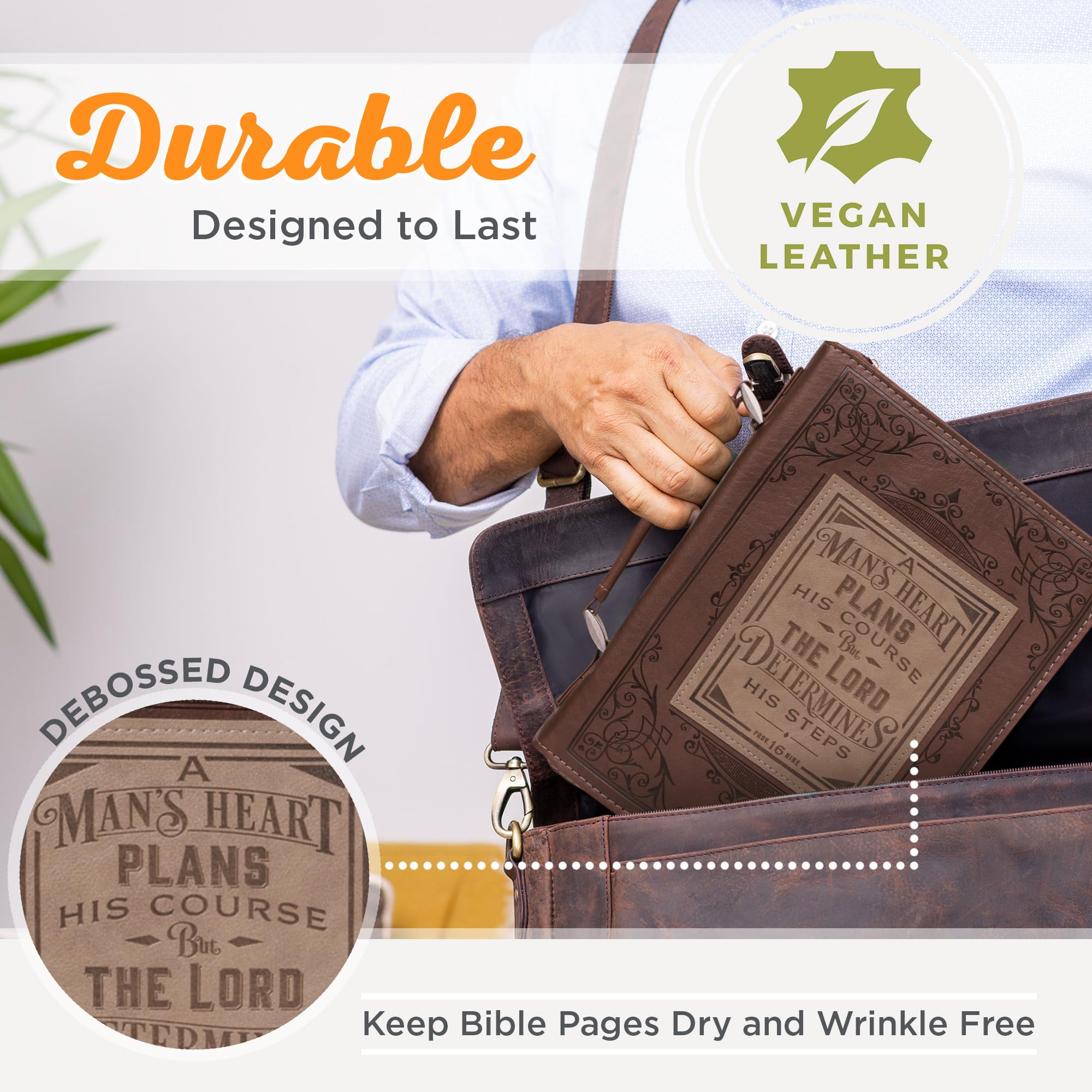 Christian Art Gifts Brown Faux Leather Bible Cover with Proverbs 16:9 Engraving - XL Size Scripture Book Protector for Men & Women - Perfect for Church, Bible Study & Daily Devotion
