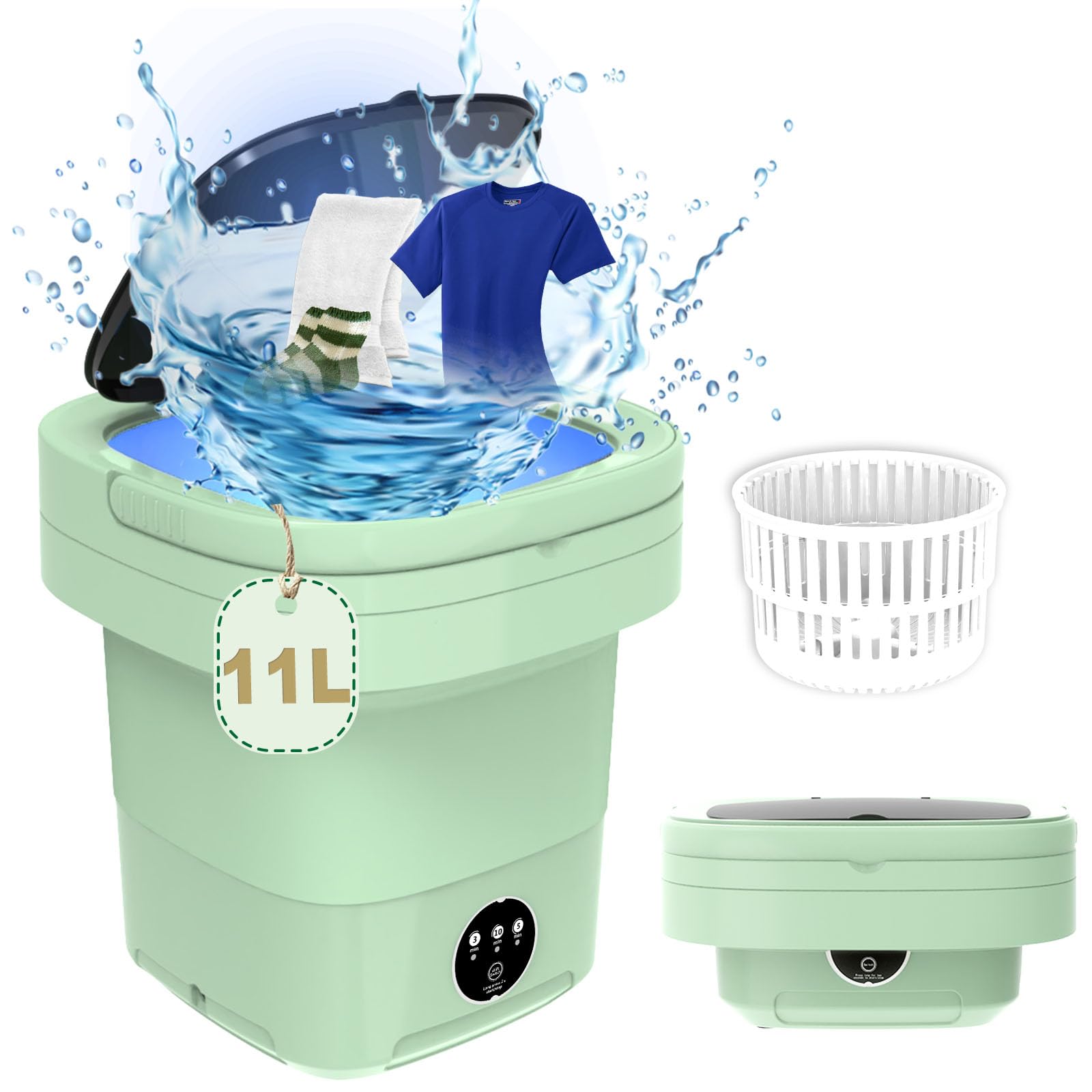 Portable Washing Machine 11L Large Capacity - Compact Collapsible Mini Washer & Dryer with Spin Function for Travel, Apartments, Camping - Perfect for Socks, Underwear & Baby Clothes (Green) | Space Saving Laundry Solution for Small Homes & Dorms