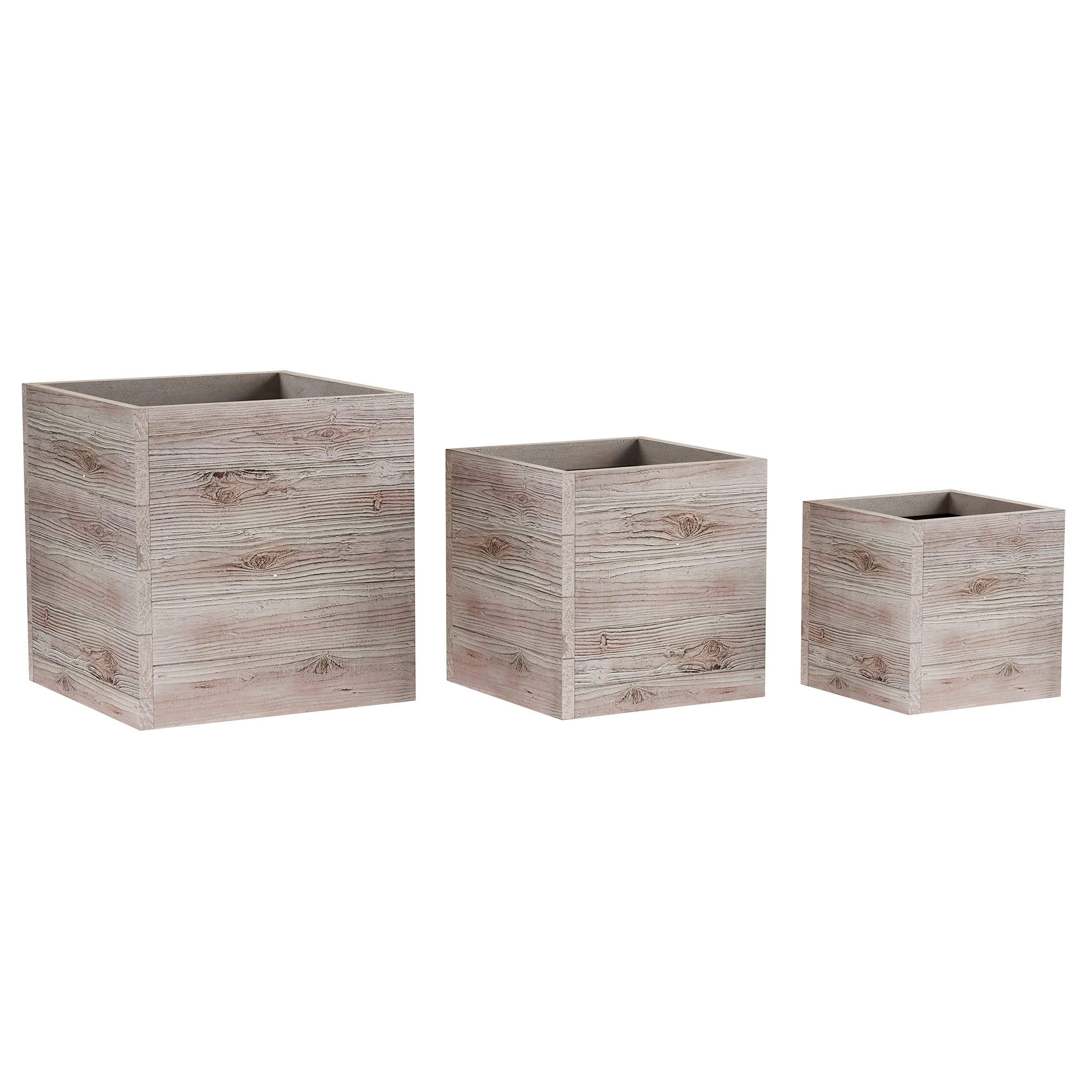 Pure Garden 3-Piece Square Planter Set - Rustic Wood-Look Fiber Clay Pots with Drainage Holes for Herbs, Succulents, Flowers | Indoor/Outdoor Decor for Patio, Balcony & Home Garden (Light Gray)
