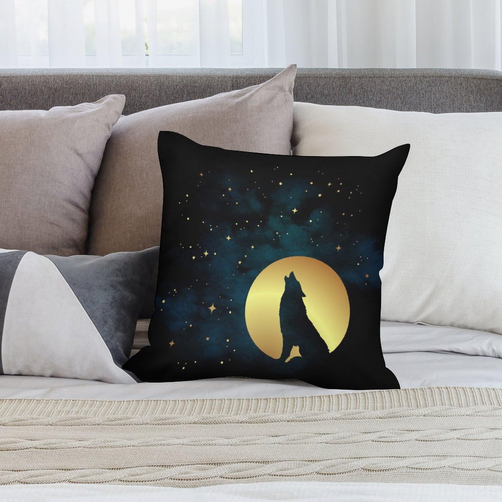 Wolf Howling at Full Moon Plush Pillow Cover - Soft & Durable 20x20 Inch Body Pillow Case for Sofa, Bed, or Home Decor - Perfect for Anime Fans, Nature Lovers & Cozy Home Styling
