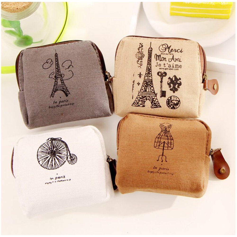 Stylish Canvas Coin Bags for Women - Set of 4 Small Change Purses & Cash Wallets (Paris Design) - Perfect for Travel, Shopping, and Organizing Loose Change