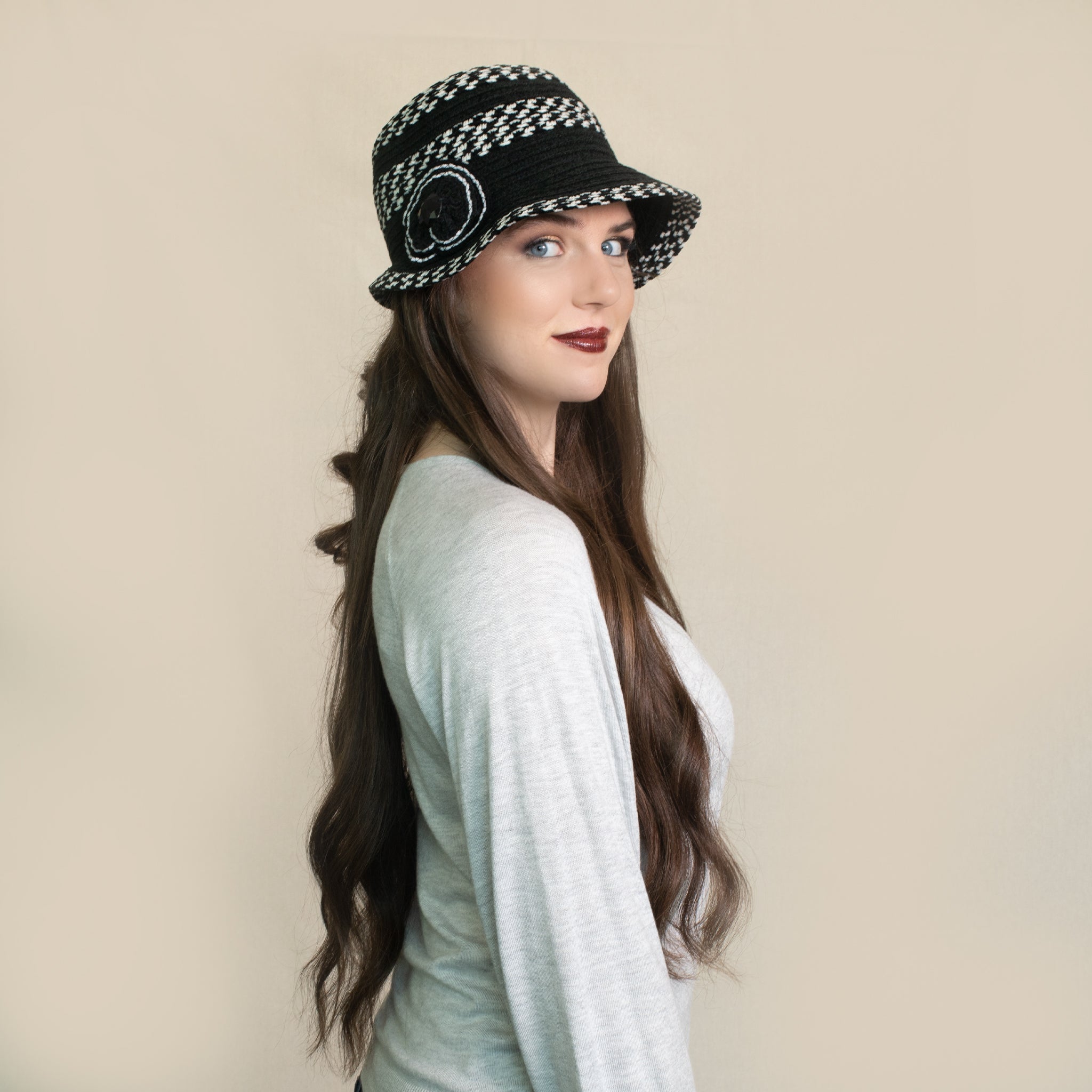 Women's Chenille Cloche Hat with Floral Accent and Jewel Embellishment - Elegant Winter Fashion for Parties, Weddings & Holiday Events