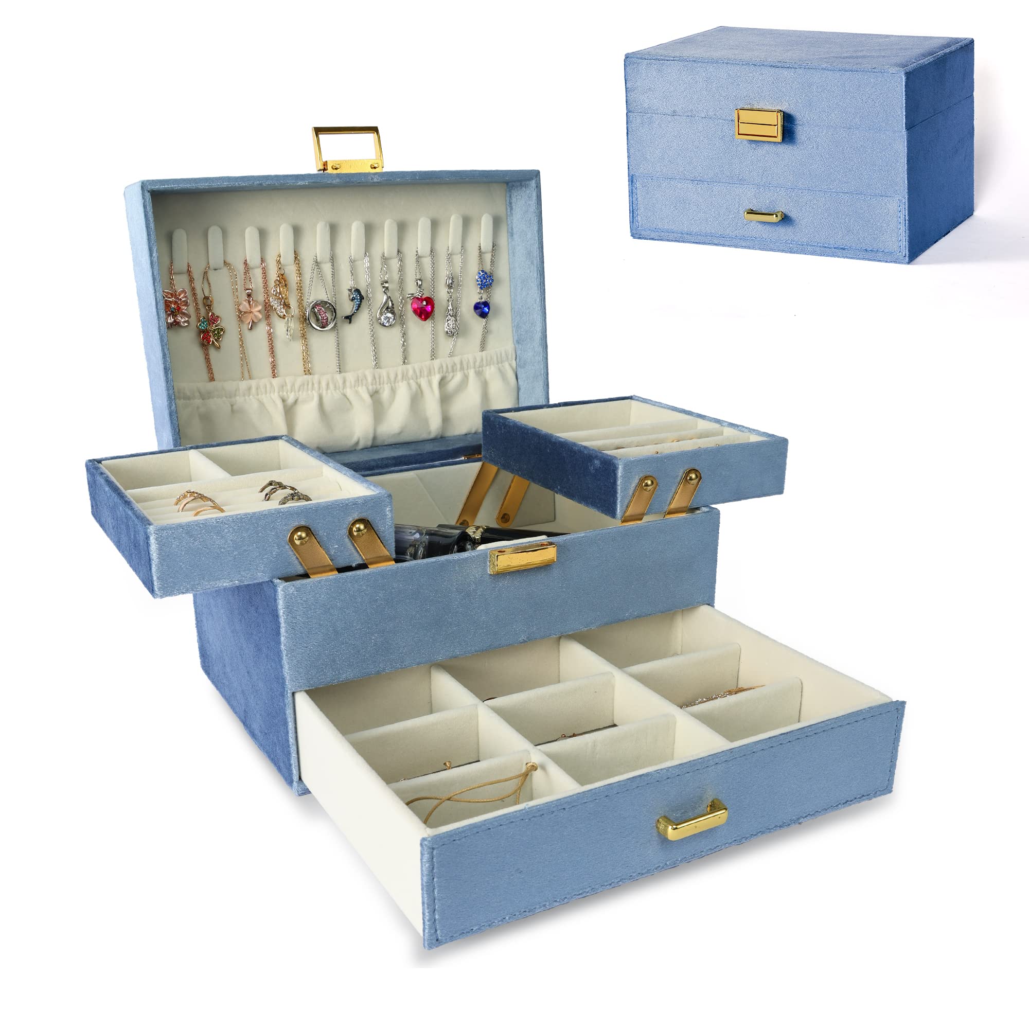 Dajasan Velvet Jewelry Organizer Box for Women - Elegant Jewelry Storage Case for Rings, Necklaces, Bracelets, Earrings & Watches (Blue) - Perfect for Bedroom Vanity, Travel & Gift Giving