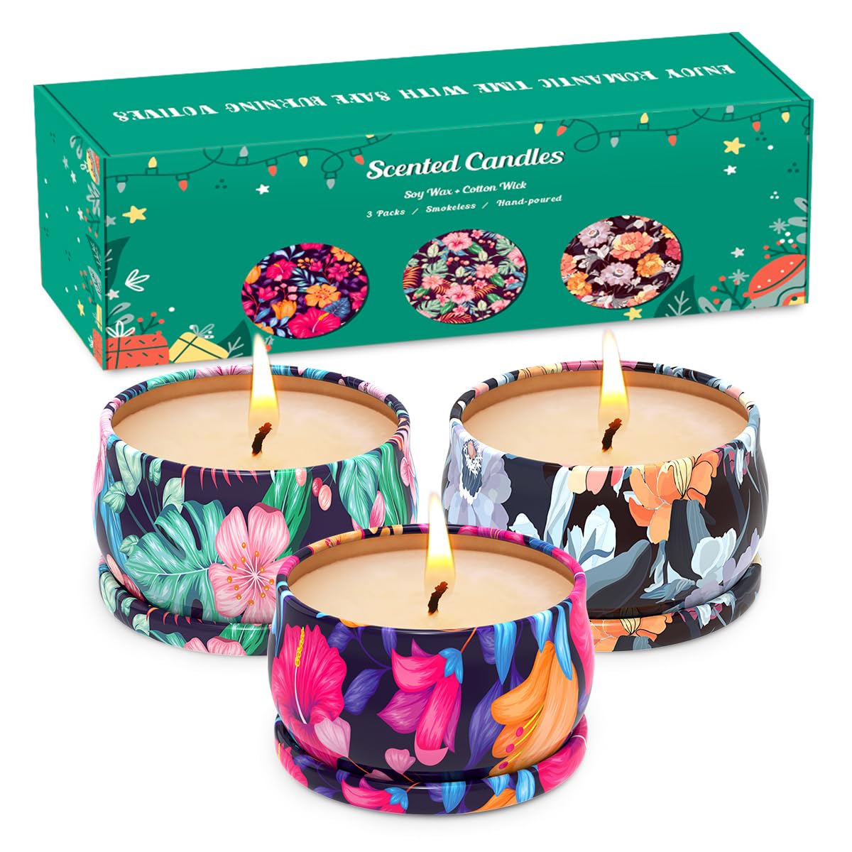 3-Pack Christmas Candles Gift Set for Women - 2.5oz Long-Lasting Natural Soy Wax Jar Candles with Floral Designs, Home Fragrance for Relaxation & Stress Relief - Perfect for Holiday Decor, Aromatherapy & Cozy Nights