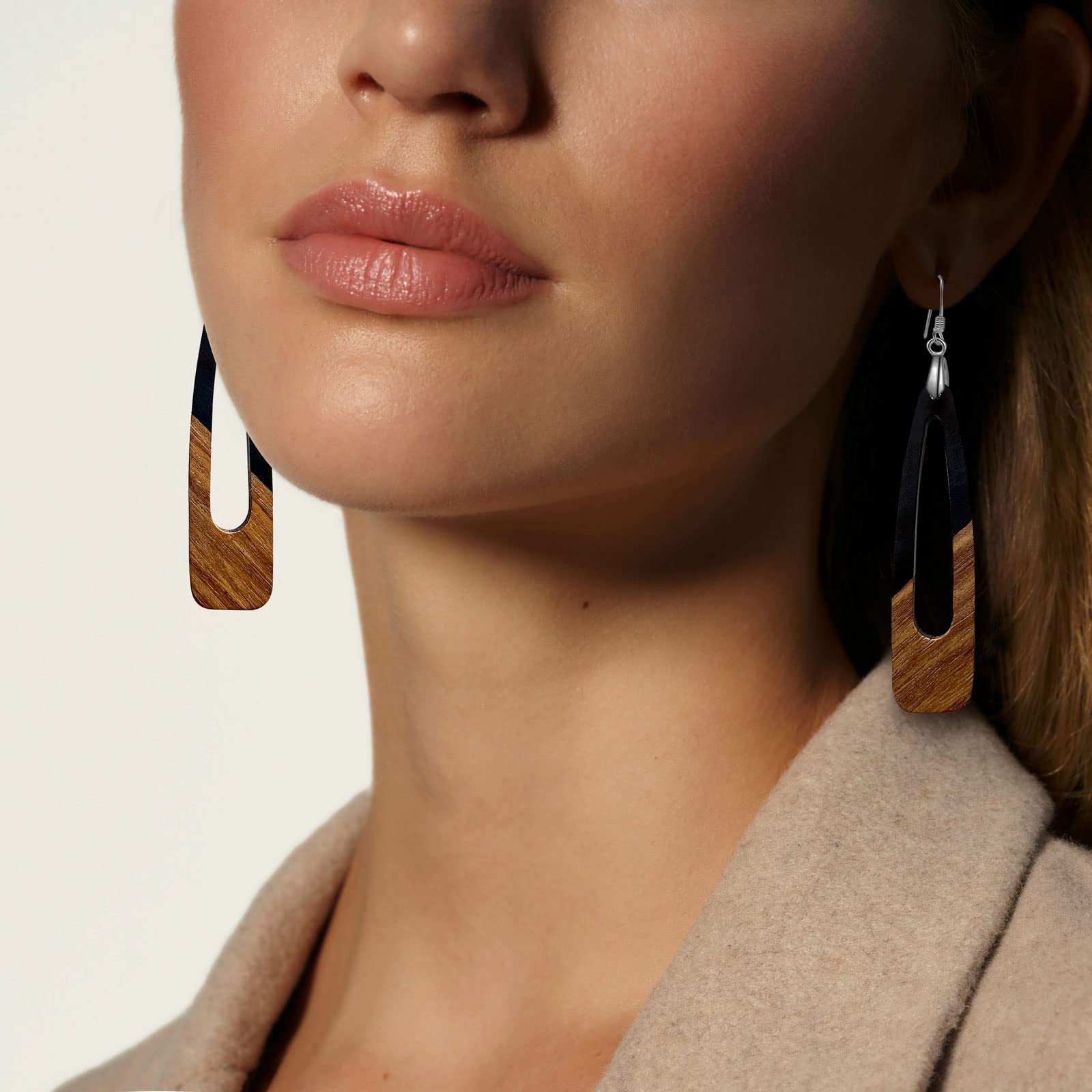 Handmade Wooden Dangle Earrings for Women - Lightweight Brown & Black Geometric Drop Earrings with Resin Accents | Boho Chic Statement Jewelry for Casual Wear, Office & Special Occasions