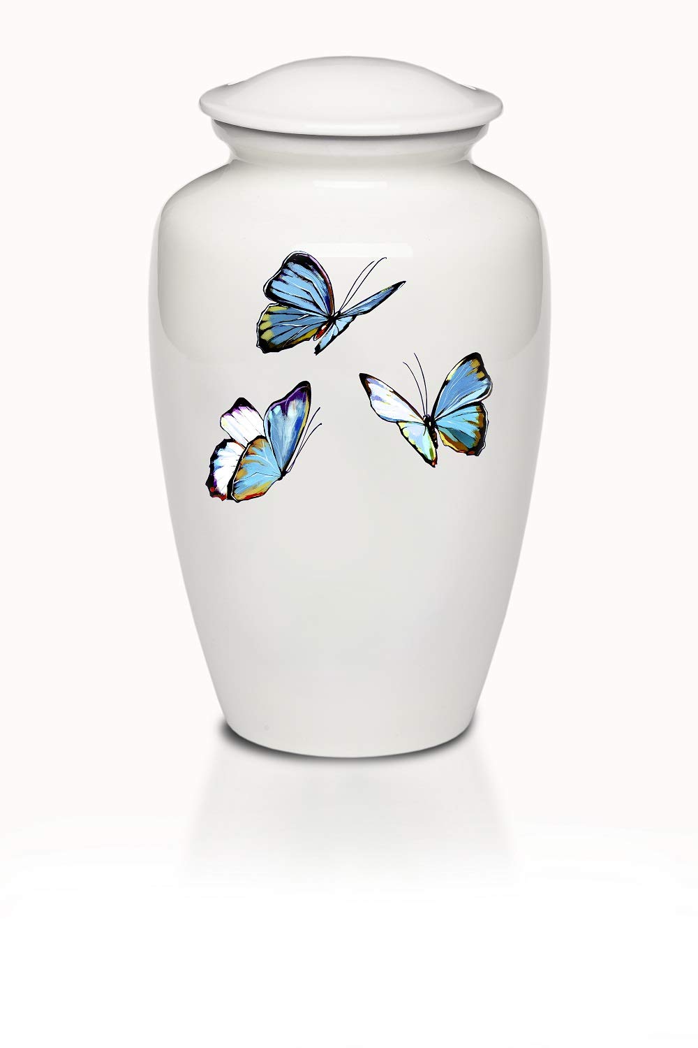 Affordable White Alloy Cremation Urn for Human Ashes with Blue Butterfly Design - Adult Size (220 cu.in) - Perfect for Memorial Services & Home Display