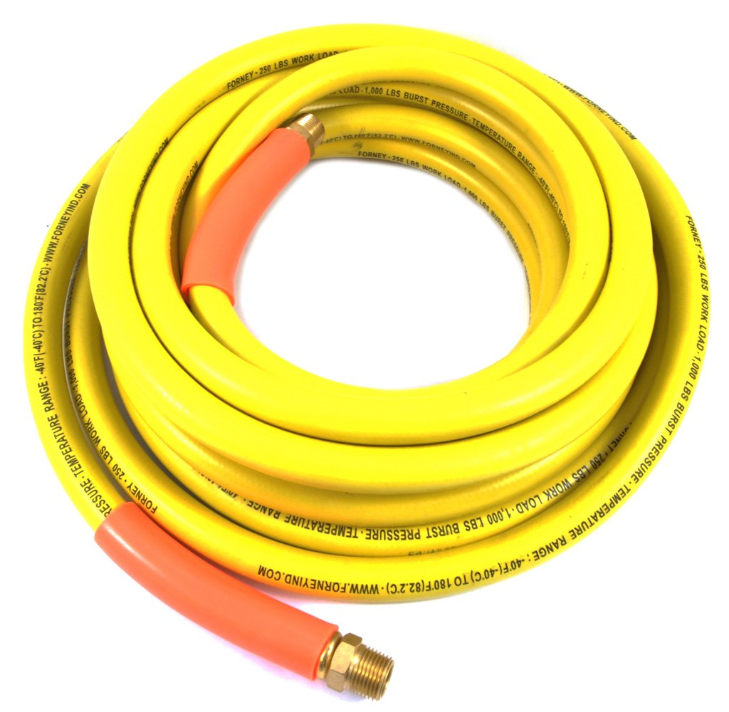 Forney 75437 3/8-Inch x 25-Feet Yellow Rubber Air Hose with 1/4-Inch Male NPT Fittings - Heavy Duty Compressor Hose for Pneumatic Tools, Air Compressors, and DIY Projects