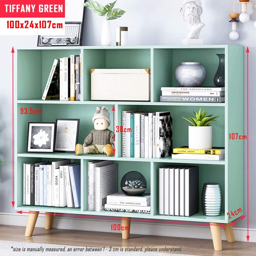 IOTXY 3-Tier Wooden Open Shelf Bookcase - Floor Standing Display Cabinet with 8 Storage Cubes, Modern Tiffany Green Home Decor | Perfect for Living Room, Bedroom & Office Organization
