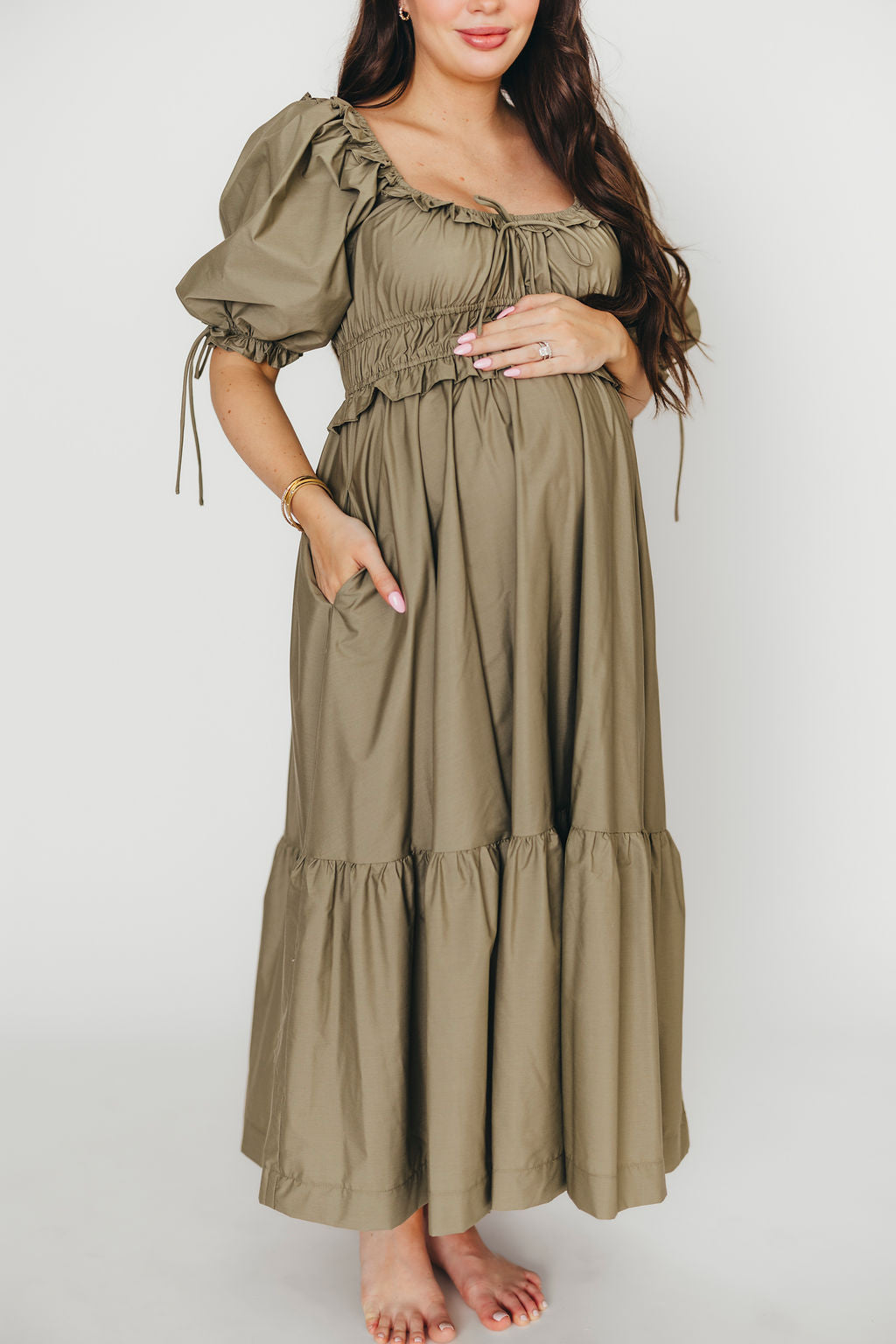 Crissy Ruched Midi Dress in Dusty Olive - Bump Friendly Maternity Dress for Women, Stretchy Bodycon Dress for Pregnancy & Nursing - Perfect for Baby Showers, Date Nights & Special Occasions