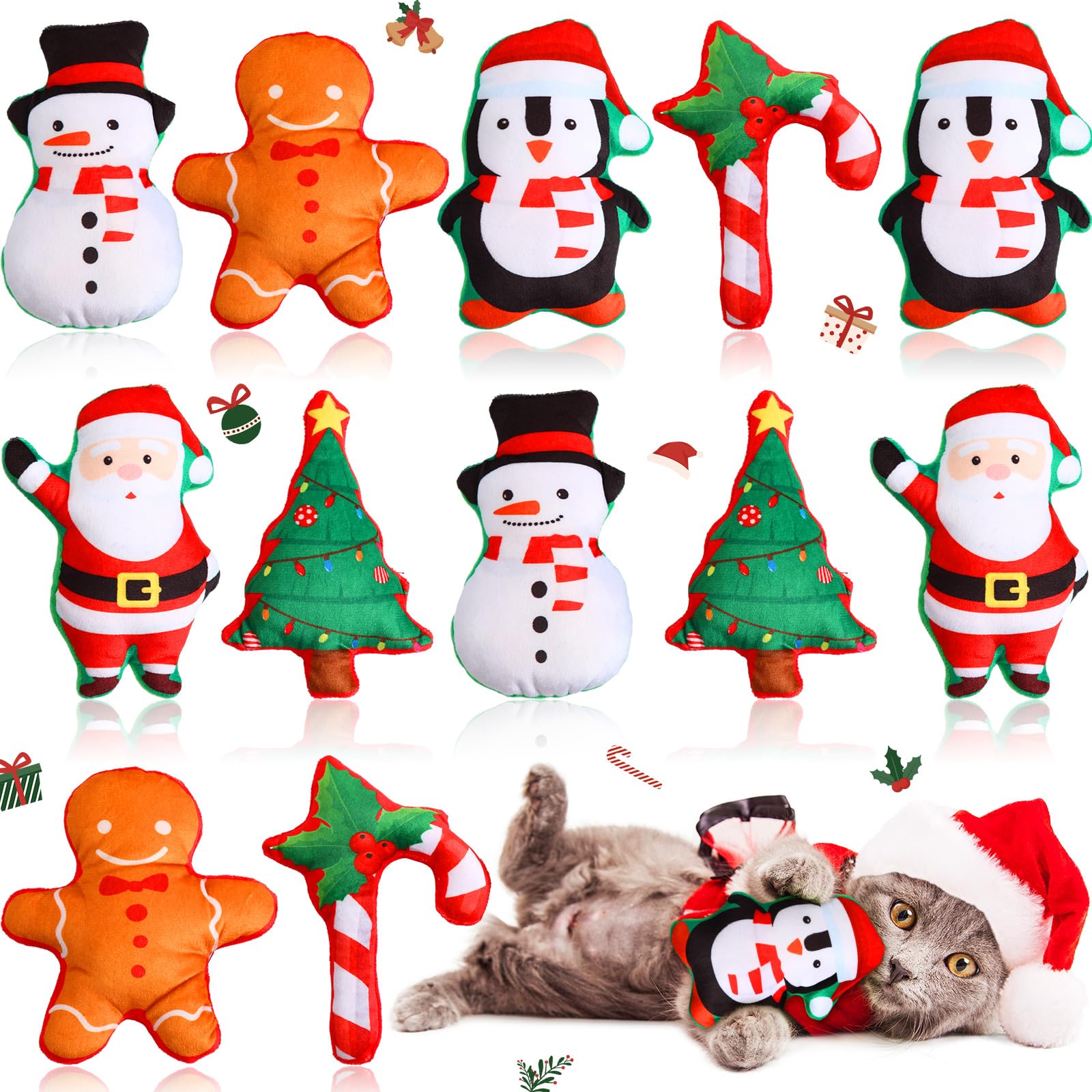 12 Pack Christmas Catnip Toys for Kittens - Xmas Stuffed Plush Cat Chew Toys with Catnip - Holiday Party Favors & Decor for Cats - Perfect for Teething, Playtime & Christmas Celebrations