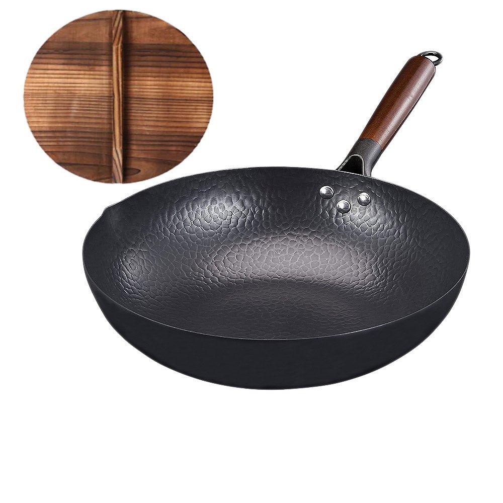 Premium Bjorn Cast Iron Deep Wok with Lid - 14 Inch Heavy Duty Carbon Steel Stir Fry Pan for Gas, Electric & Induction Cooktops - Perfect for Asian Cooking, Stir Frying, Deep Frying & Sautéing