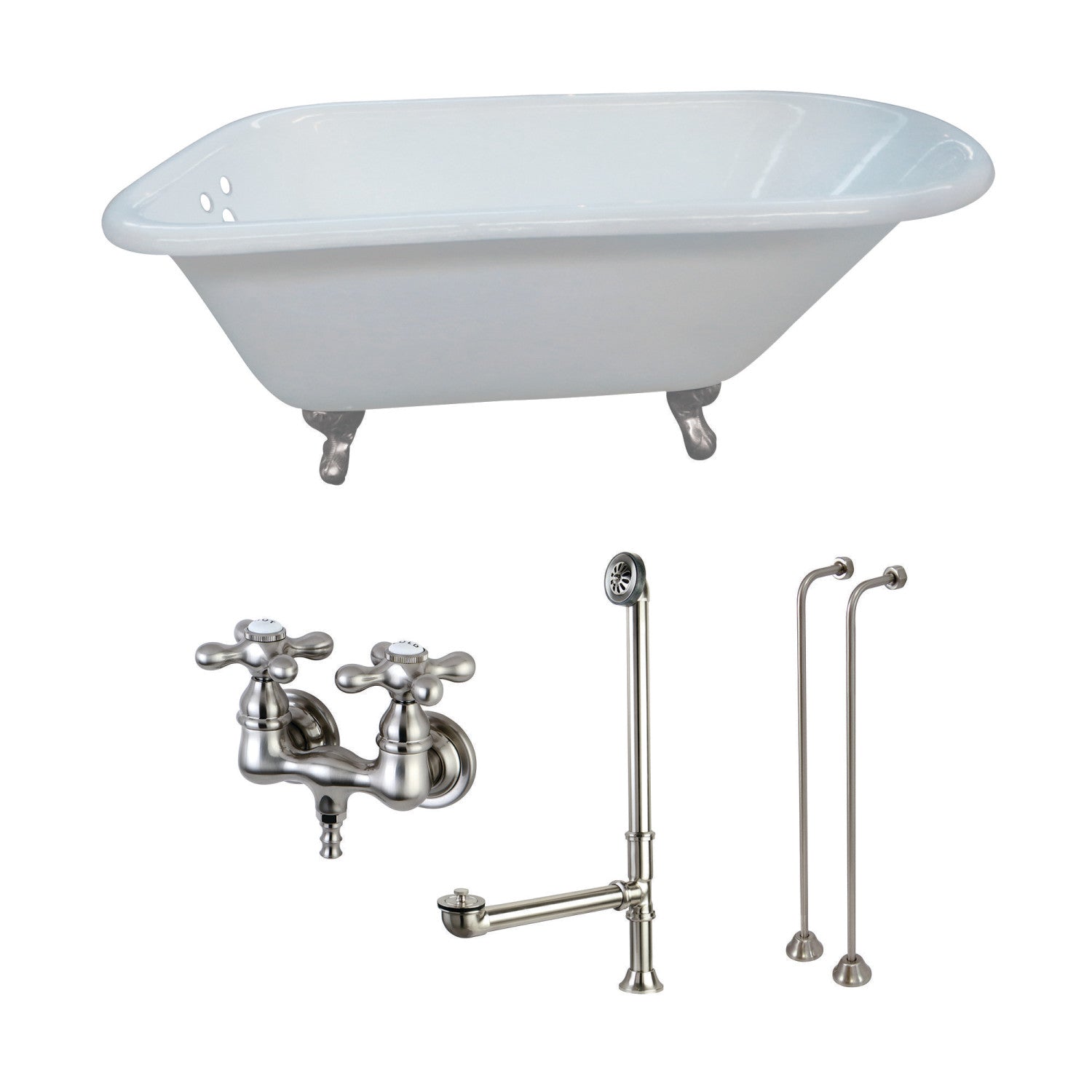 54 Inch White Clawfoot Bathtub with Roll Top - Oval Cast Iron Tub with Brushed Nickel Faucet, Drain & Supply Lines | Perfect for Vintage Bathroom Decor & Spa-Like Relaxation