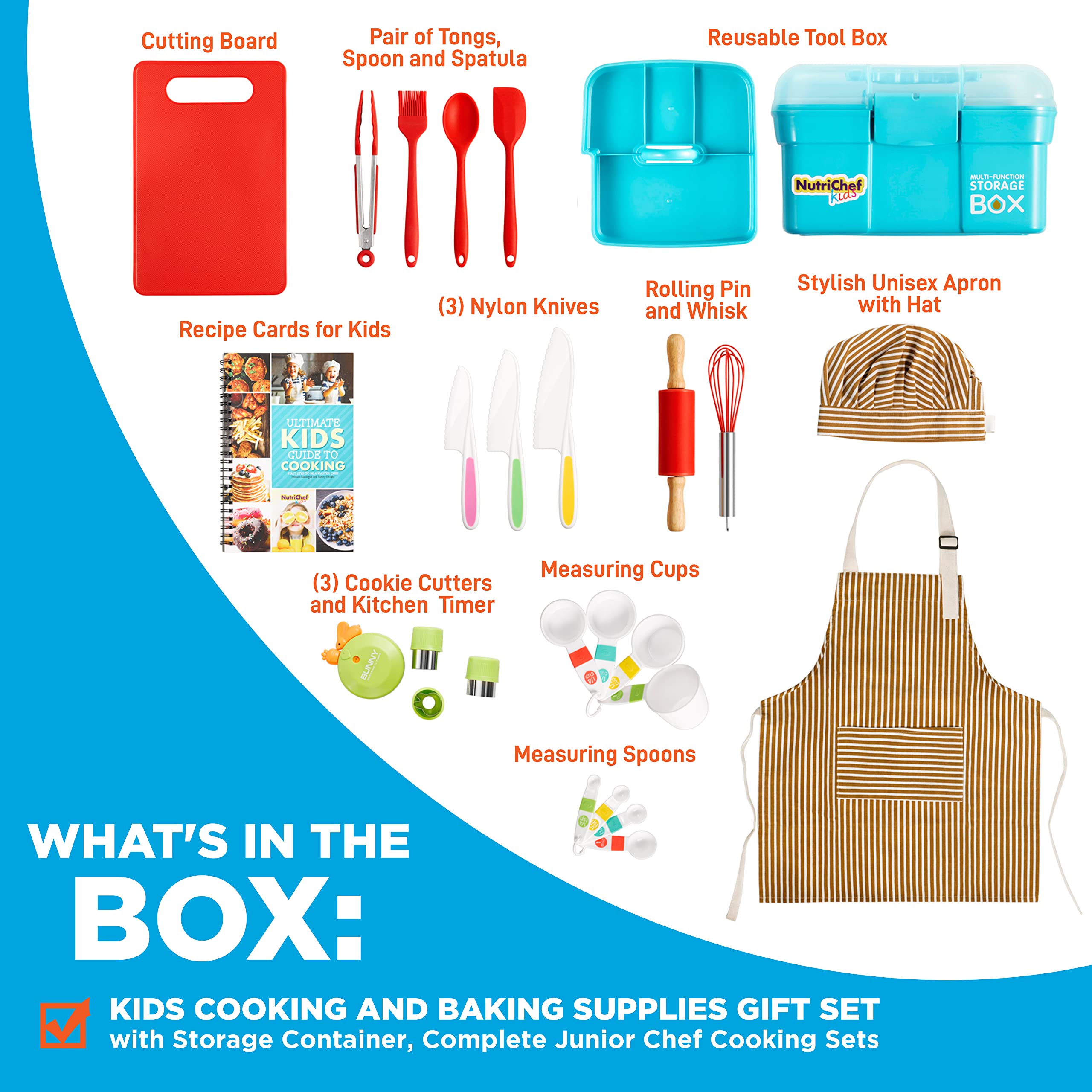 NutriChef Kids Cooking & Baking Set - Complete Kitchen Utensils for Boys & Girls Ages 4+ | Includes Chef Apron, Safe Nylon Knives & Baking Tools | Perfect Gift for Young Chefs | Ideal for Pretend Play, Cooking Classes & Family Baking Activities