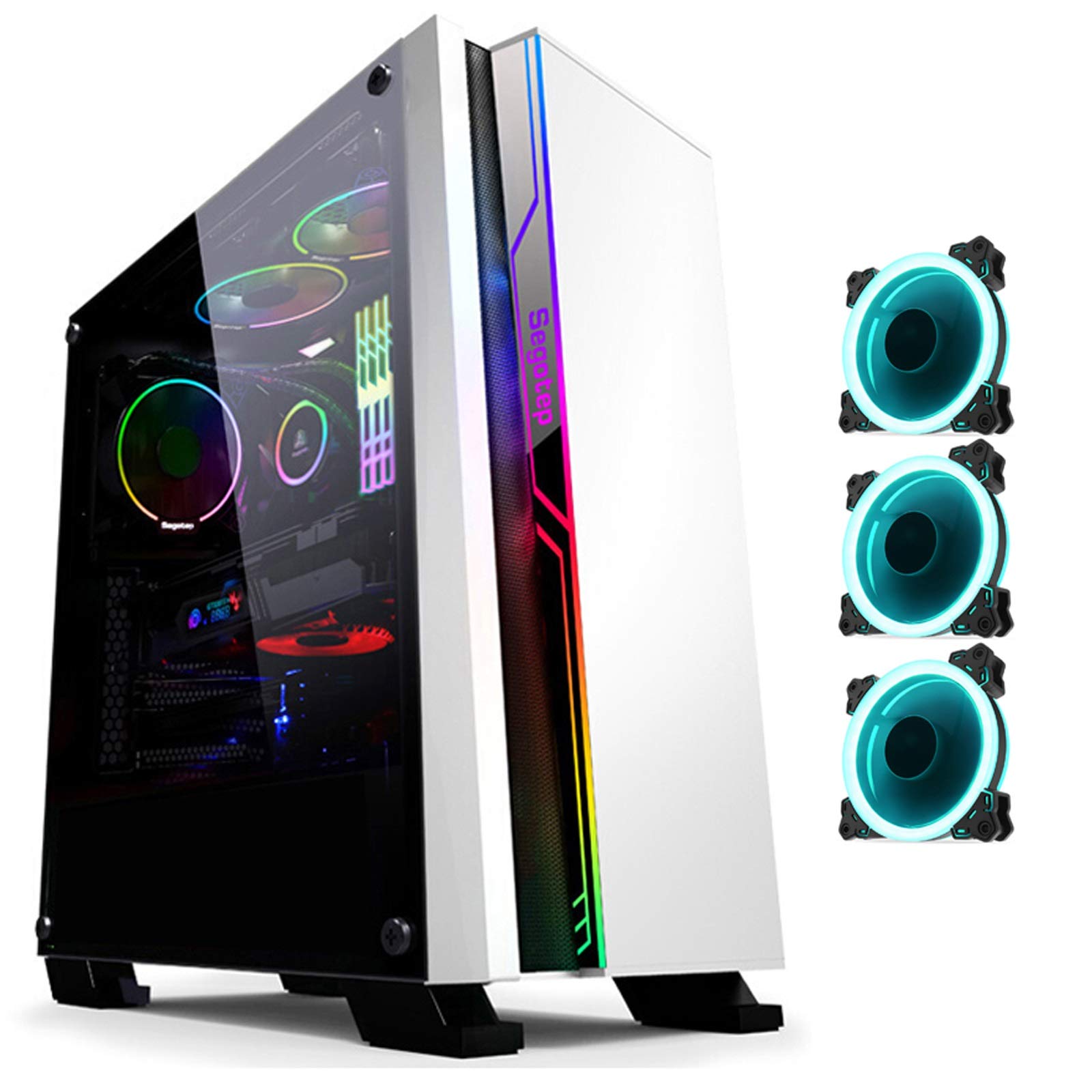JF-TVQJ Mid Tower ATX Computer Case with 3 RGB Fans & Tempered Glass Side Panel - Water Cooling Ready Gaming PC Case (White/Black) for High-Performance Gaming & Streaming Setup