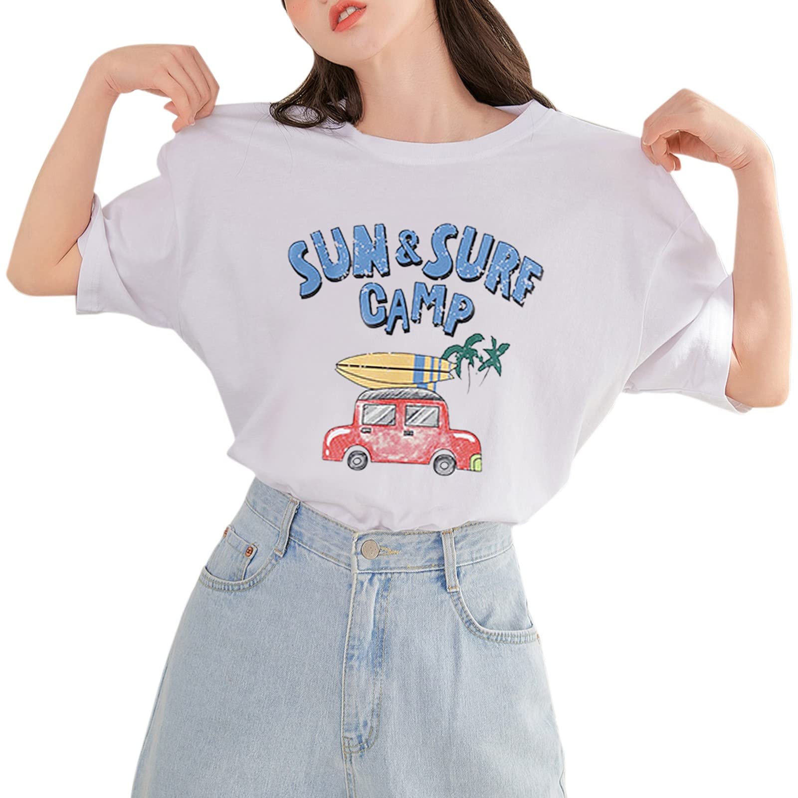 Women's Summer White Cotton Short Sleeve T-Shirt - Floral Print Round Neck Loose Blouse for Casual Wear, Beach Outings & Office Outfits