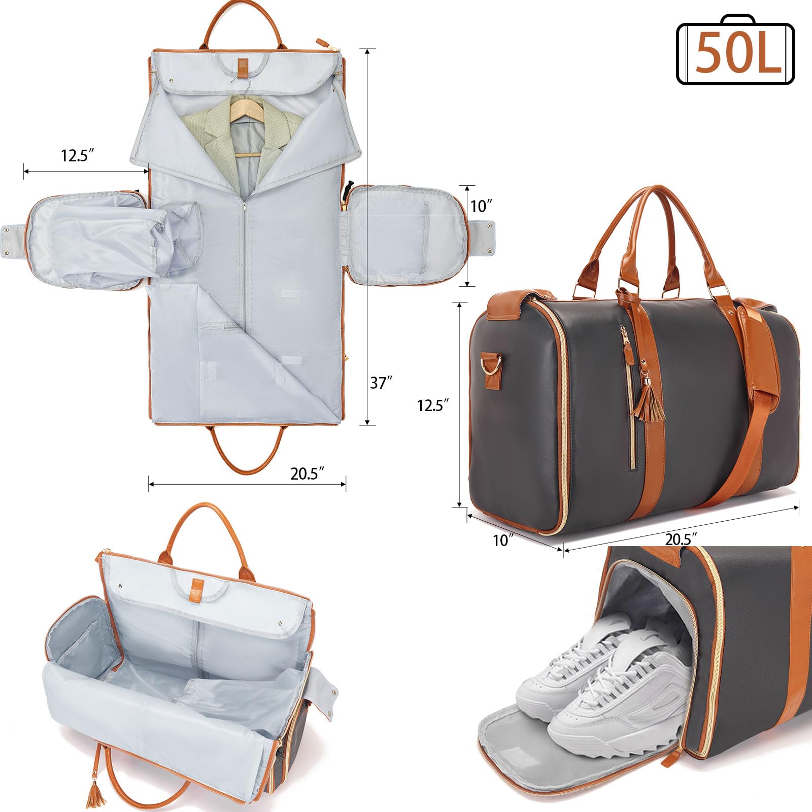 3 in 1 Foldable Garment Bag for Travel - Large Capacity Leather Travel Duffel Bag with Shoe Pouch | Convertible Carry On Hanging Suit Dress Weekender Bag for Men & Women | Perfect for Business Trips, Vacations & Weekend Getaways