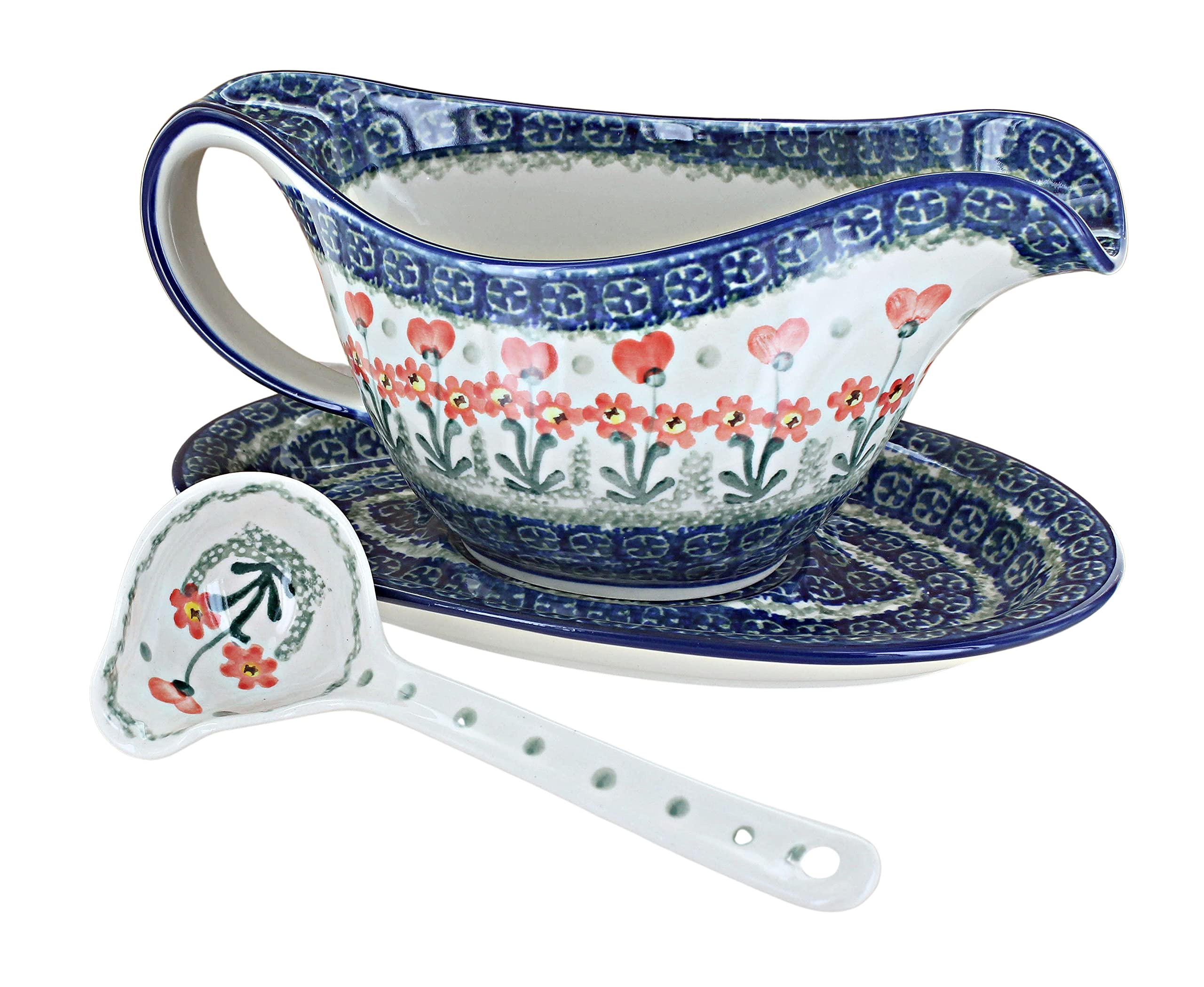 Blue Rose Polish Pottery Peach Posy Gravy Boat with Ladle - Elegant Serving Dish for Thanksgiving, Christmas & Special Occasions