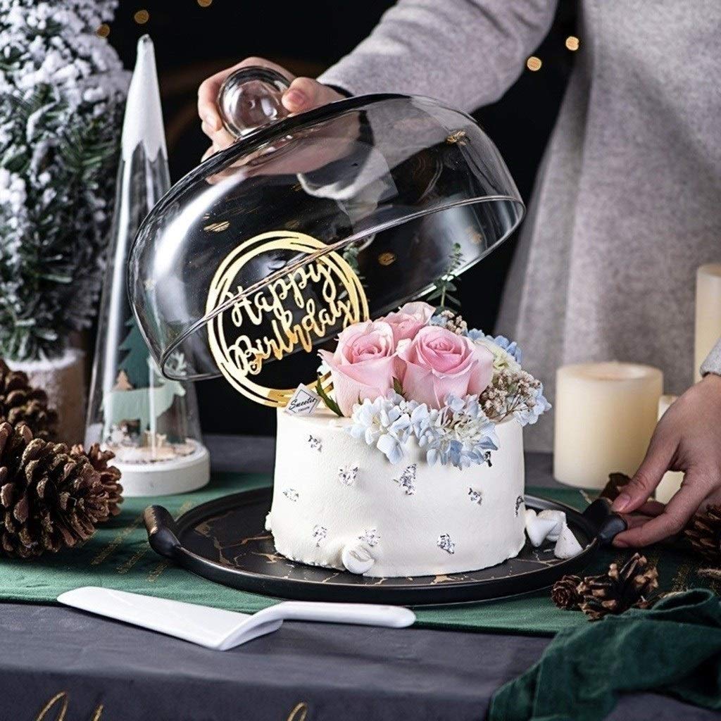 Elegant Black Marble Textured Porcelain Cake Stand - 10 Inch Retro Dessert Platter for Party, Wedding & Afternoon Tea Display - Perfect for Cakes, Cupcakes, Fruit & Snacks with Glass Dome Cover