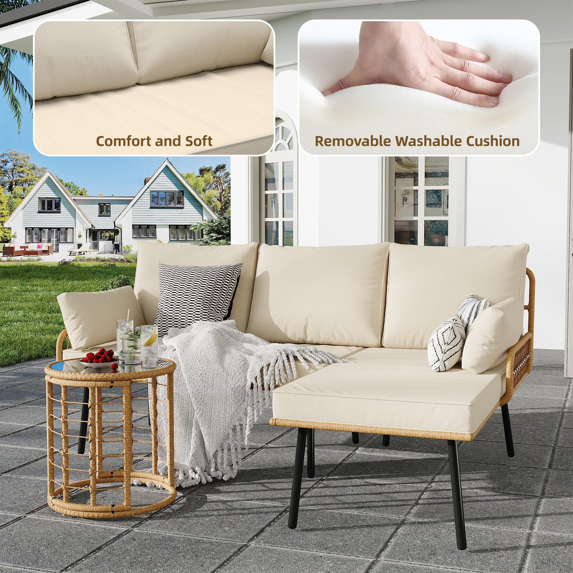 GARVEE 3-Piece All-Weather Wicker Patio Furniture Set - Outdoor L-Shaped Sectional Sofa with Washable Cushions & Tempered Glass Coffee Table - Perfect for Deck, Poolside, Backyard, Garden & Outdoor Lounge Areas