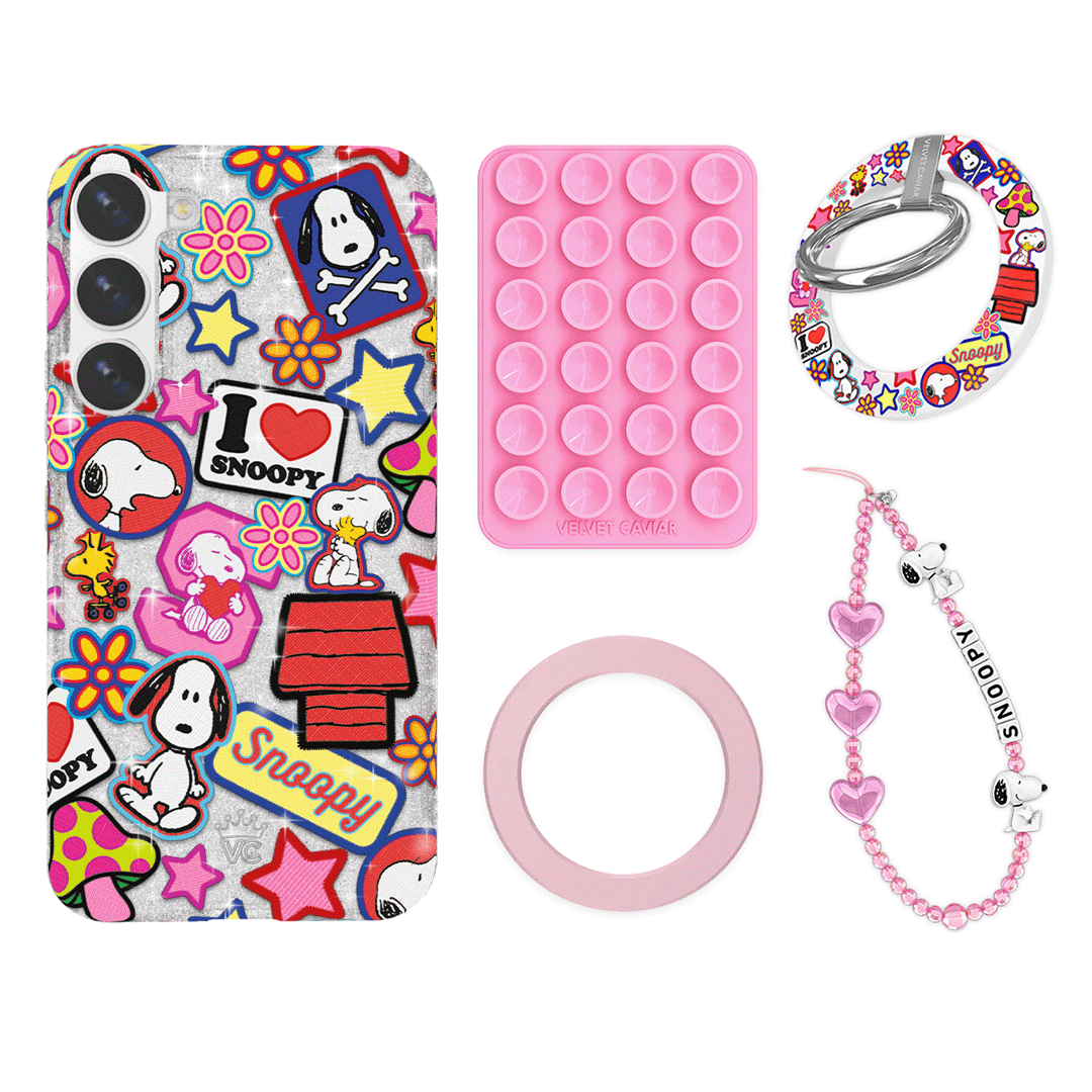 Snoopy Patchwork Glitter Galaxy Phone Grip Bundle Set - Cute Cartoon Character Non-Slip Phone Holder for iPhone Samsung - Perfect for School, Work, Travel & Everyday Use