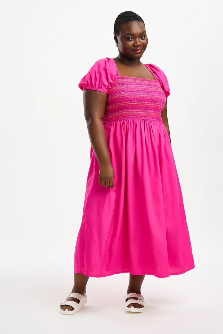 Octavia Midi Shirred Dress - Dark Pink Rainbow Shirring | Flowy Summer Dress for Women | Perfect for Beach Vacations, Date Nights & Brunch Outings